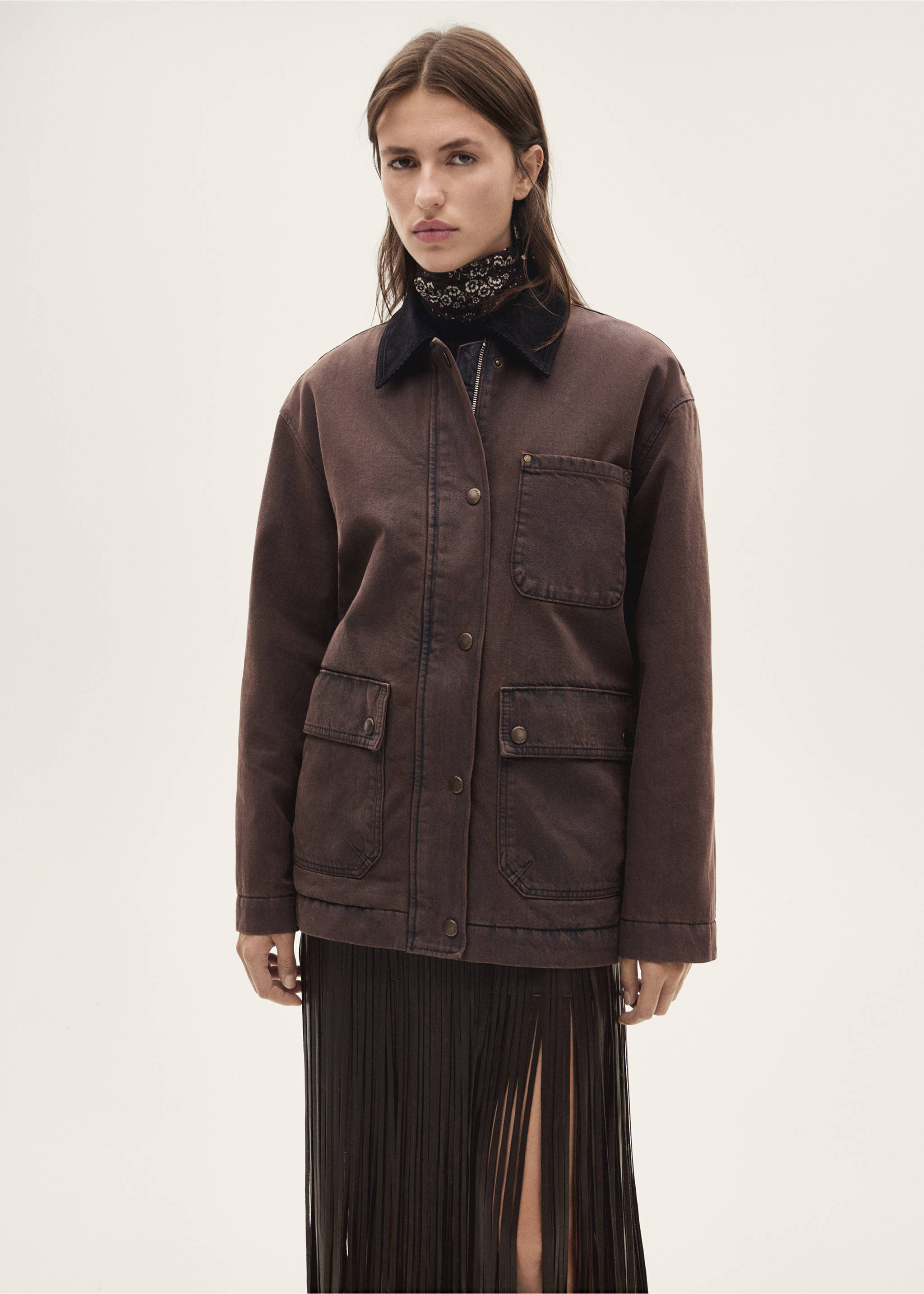 Denim parka with contrasting collar - Medium plane, Wine. Ref: 77047116-00.