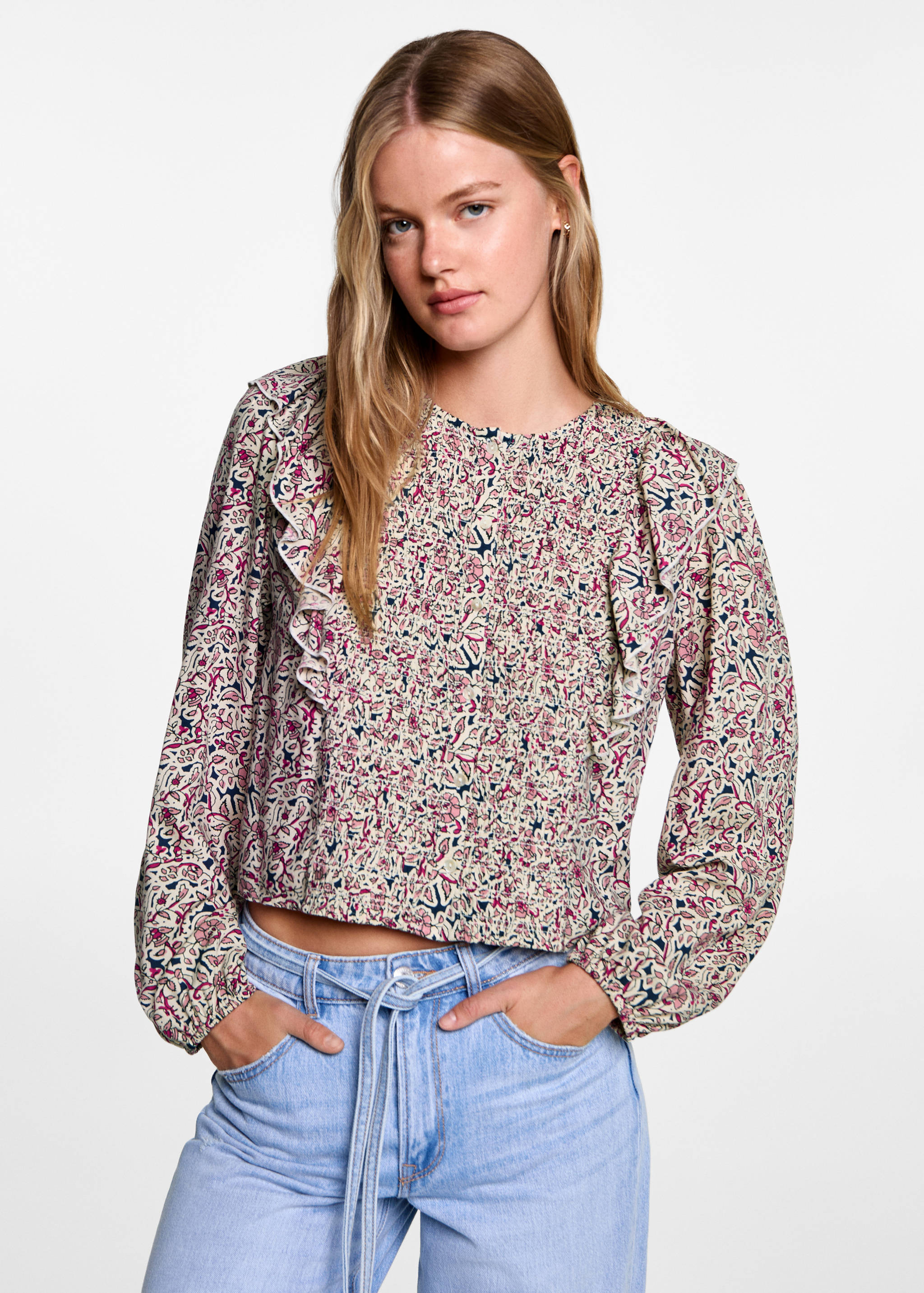 Frilled-sleeve ruched blouse - Medium plane