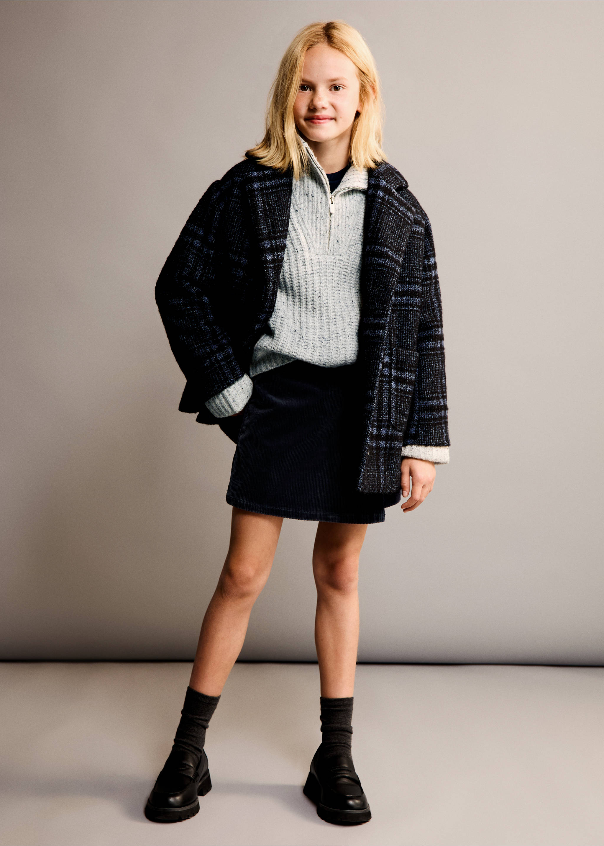 Karierter Mantel aus Woll-Mix - Allgemeine Ansicht, Blau. Ref: 77047677-00.