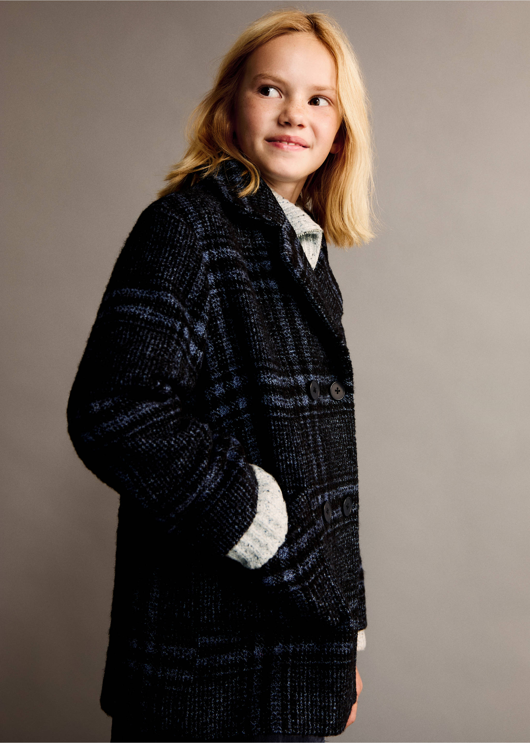 Karierter Mantel aus Woll-Mix - Mittlere Ansicht, Blau. Ref: 77047677-00.