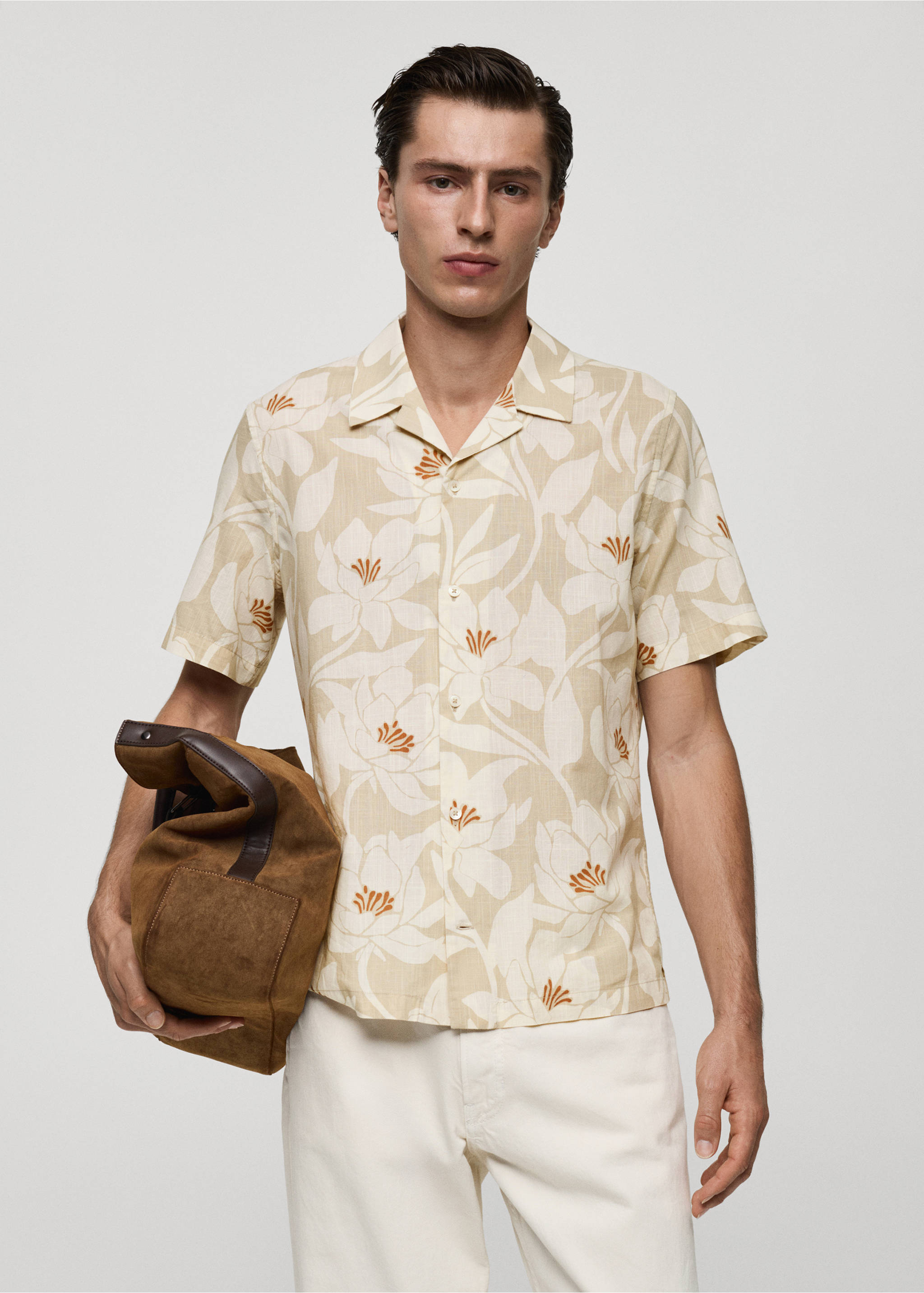 100% cotton Hawaiian-print shirt - Medium plane, Ecru. Ref: 77047701-00.