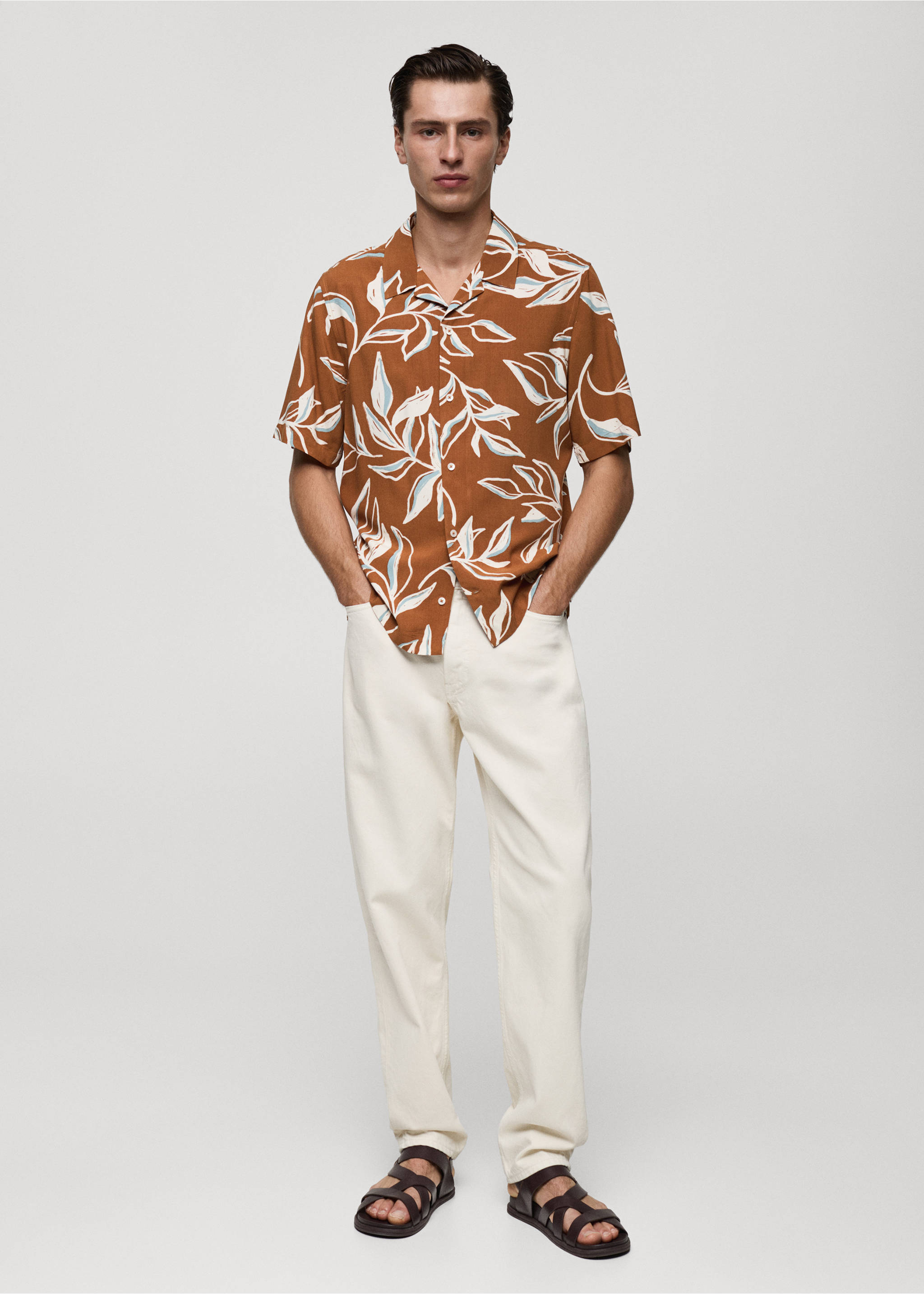 Regular-fit Hawaiian-print shirt - General plane, Brown. Ref: 77047702-00.