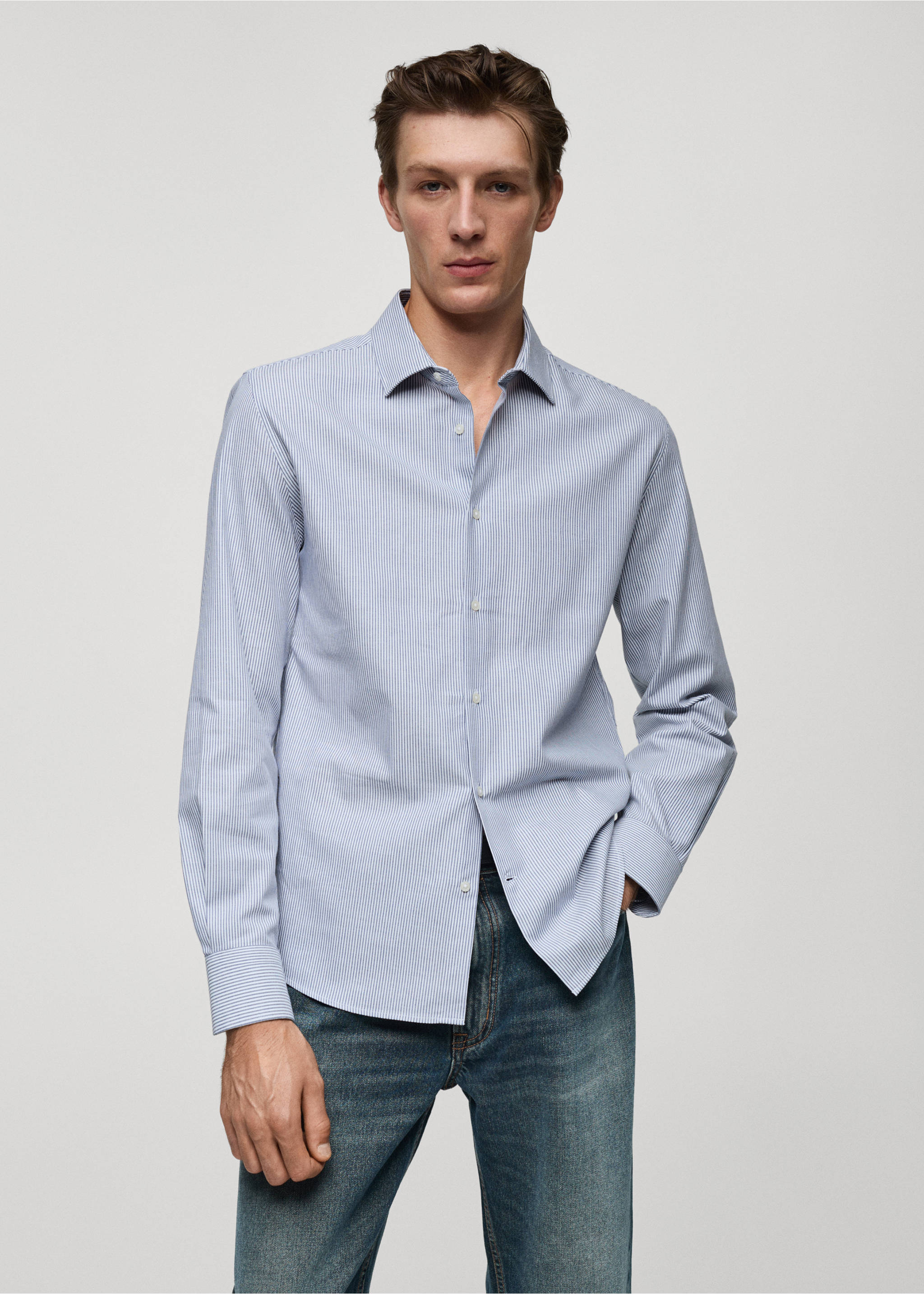 100% cotton flannel stripe shirt - Medium plane, Ink Blue. Ref: 77047925-00.