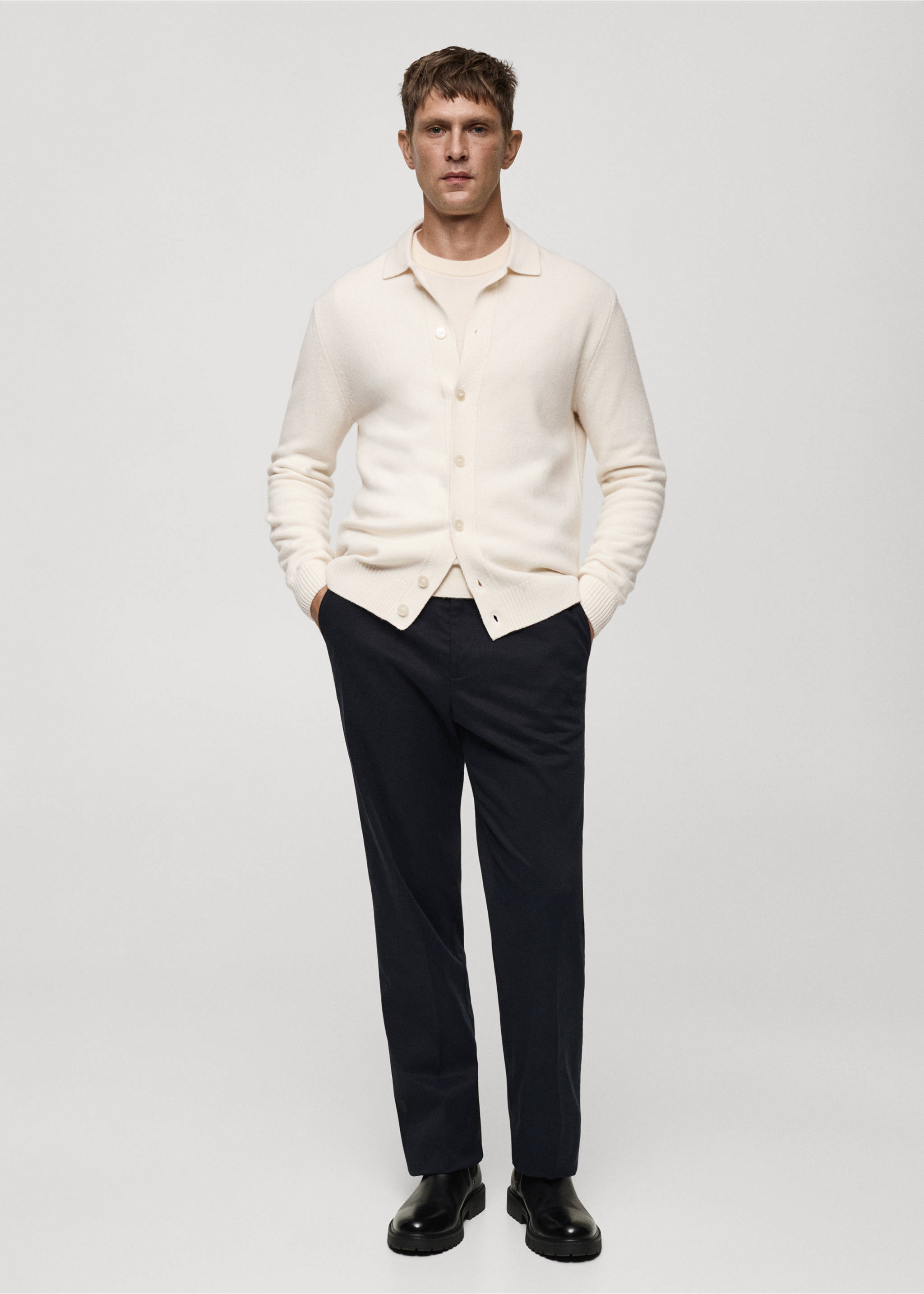 Woll-Cardigan mit Rippmuster - Allgemeine Ansicht, Cremeweiß. Ref: 77047928-00.