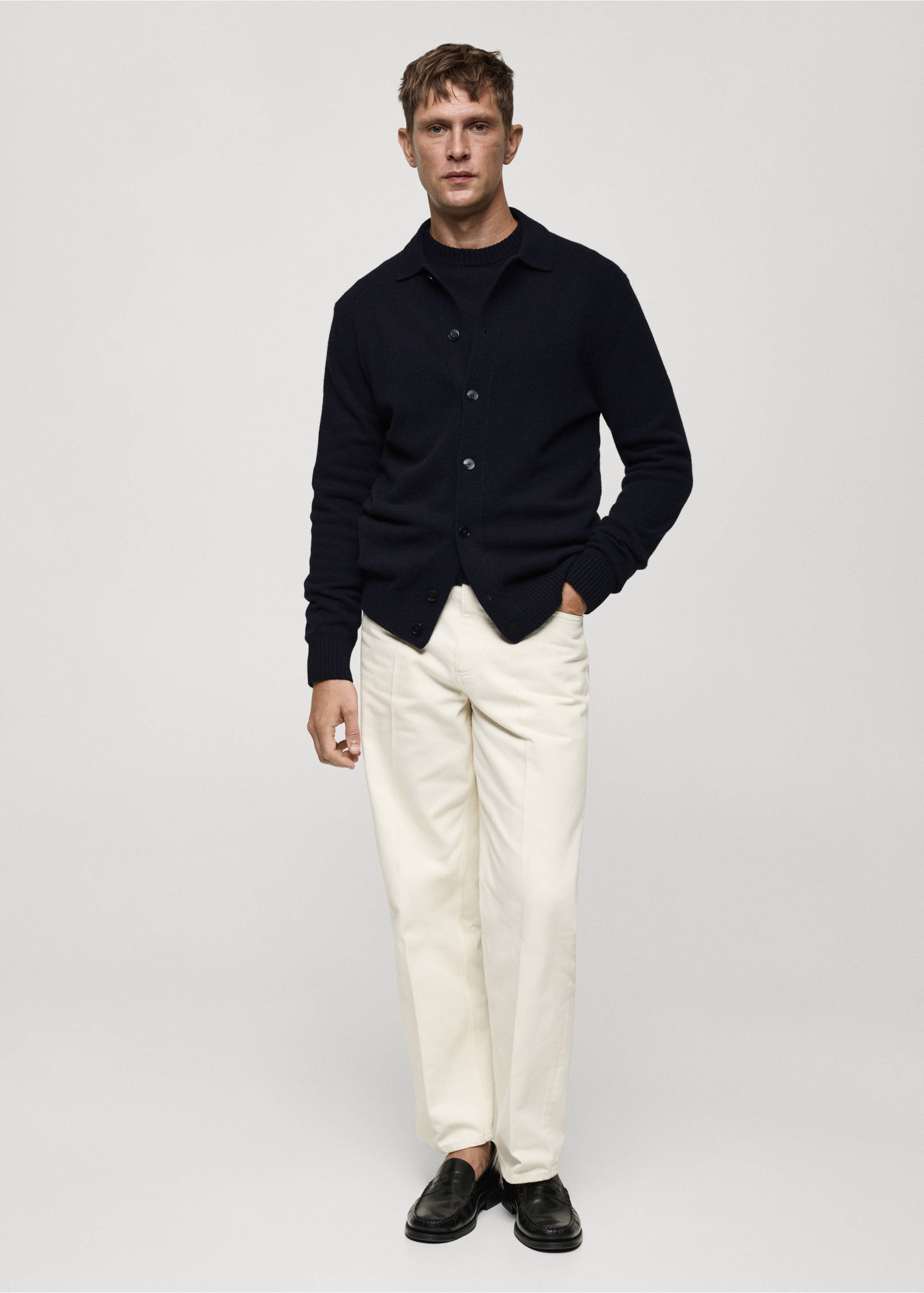 Úpletový vlněný kardigan s žebrováním - Celkový náhled, Námořnická modrá. Ref: 77047928-00.