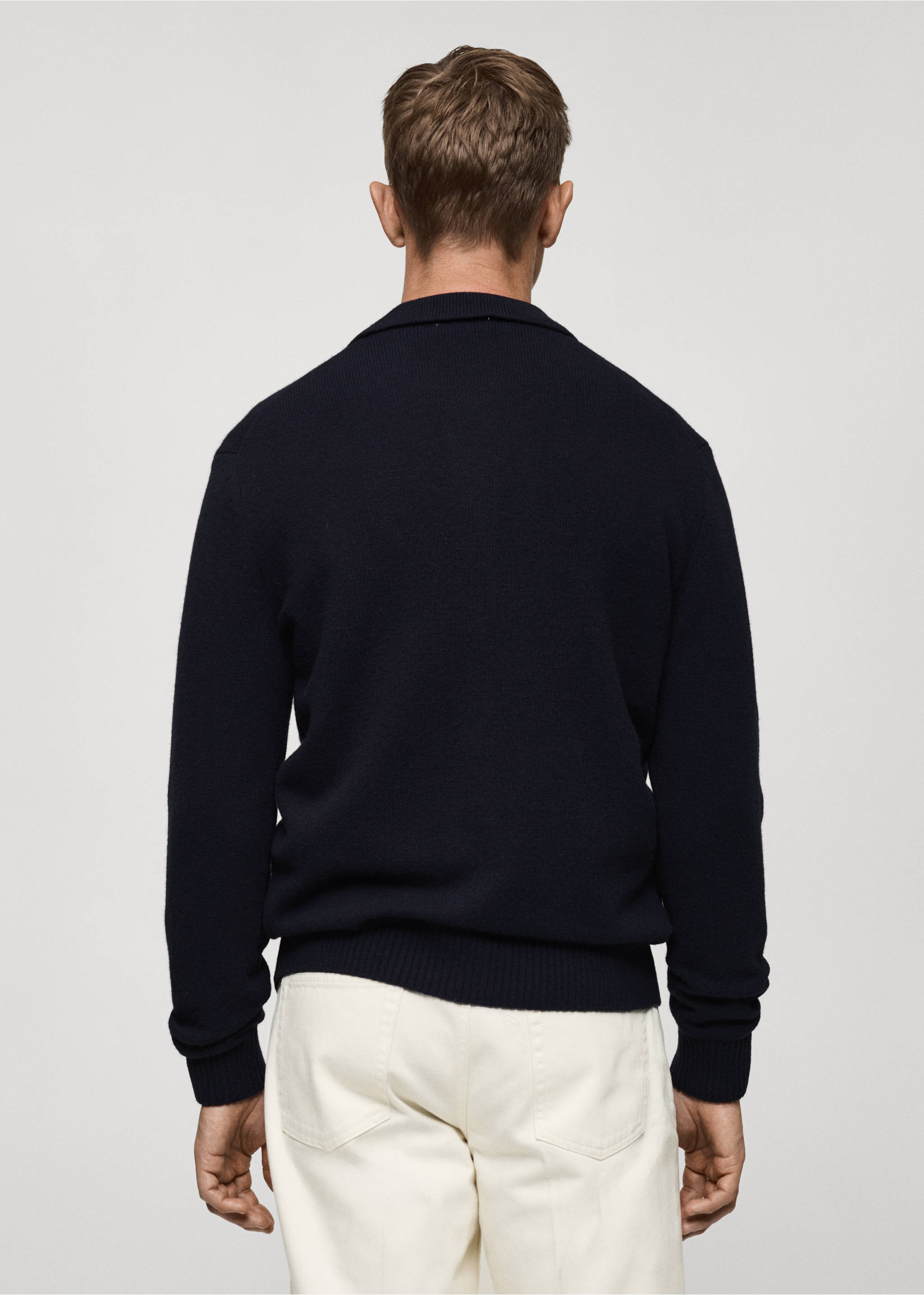 Úpletový vlněný kardigan s žebrováním - Zadní strana zboží, Námořnická modrá. Ref: 77047928-00.