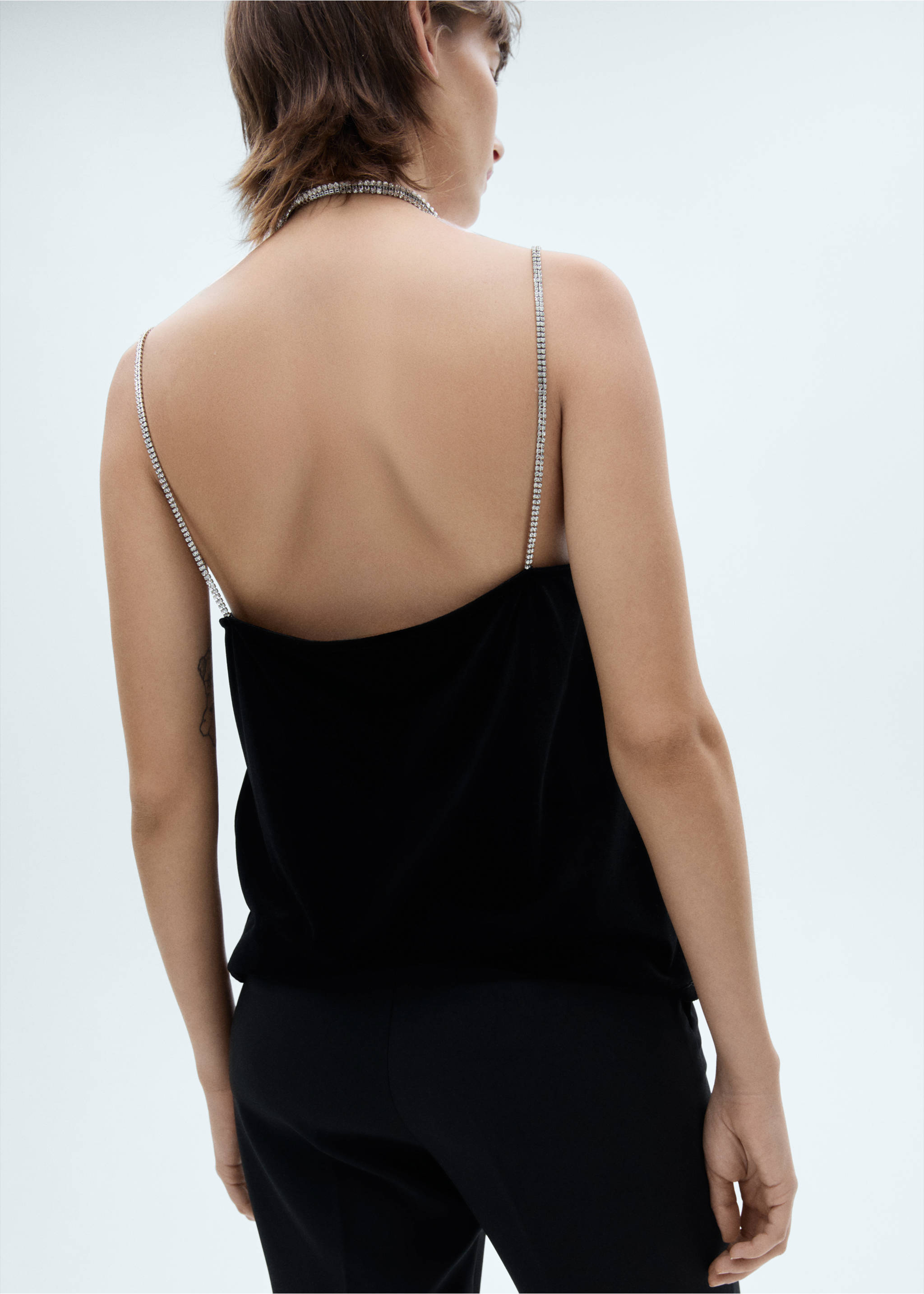 Velvet top with rhinestone straps - Reverse of the article, Black. Ref: 77048266-00.