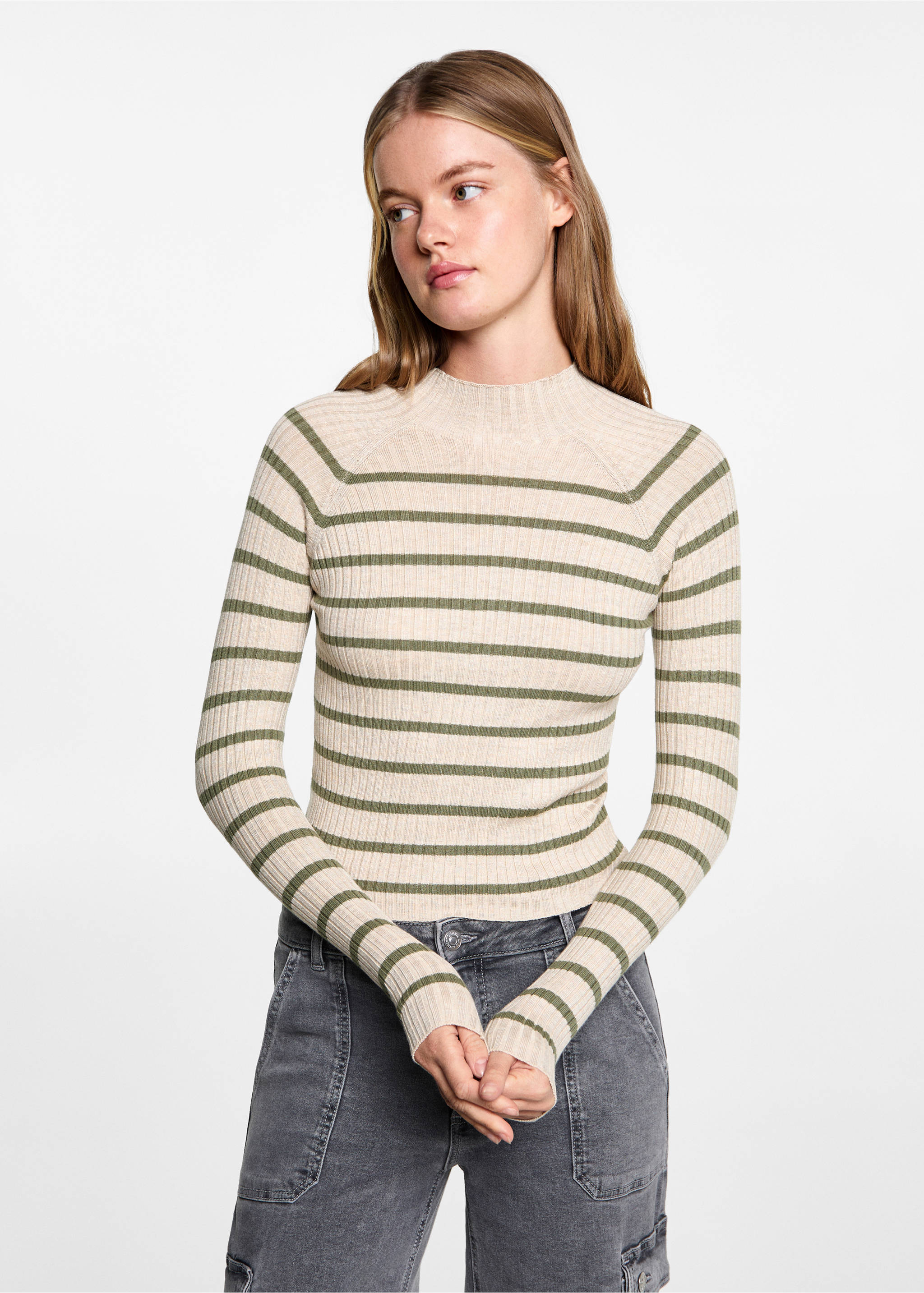 Turtleneck ribbed sweater - Medium plane, Sand. Ref: 77048273-00.