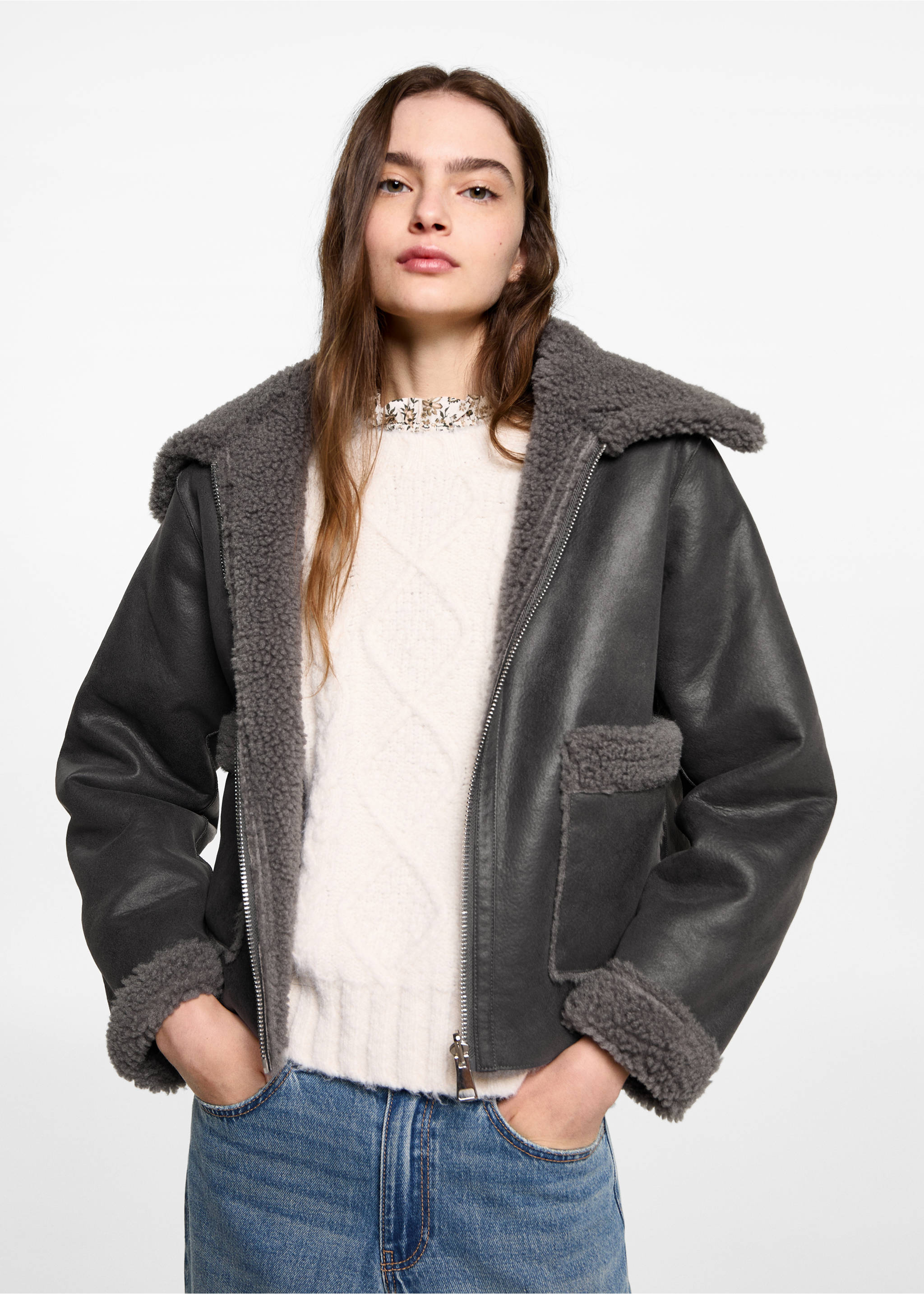 Jacke mit Futter in Lammfelloptik - Mittlere Ansicht, Anthrazit. Ref: 77048281-00.