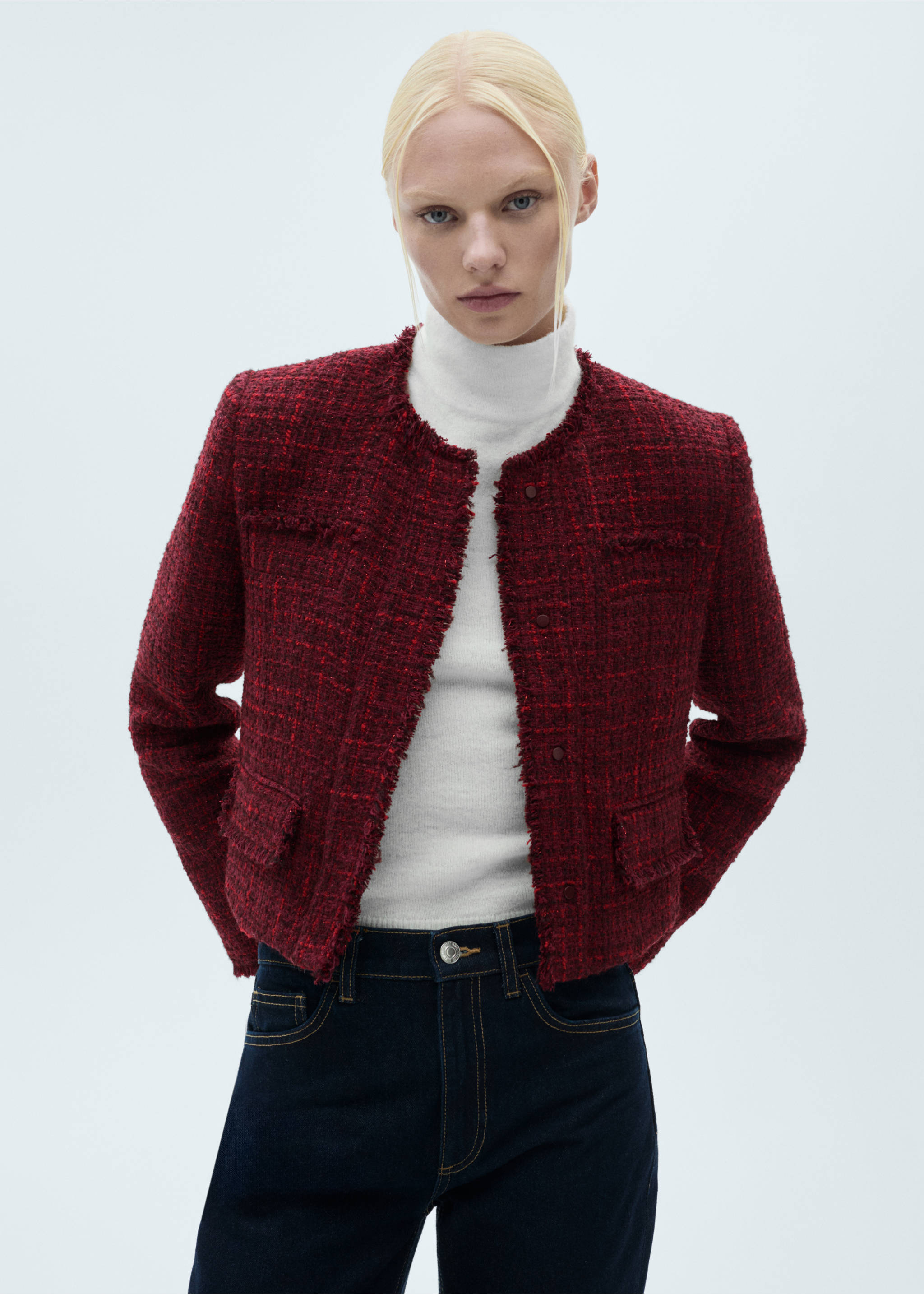 Tweed jacket with frayed ends - Medium plane, Cherry. Ref: 77048283-00.