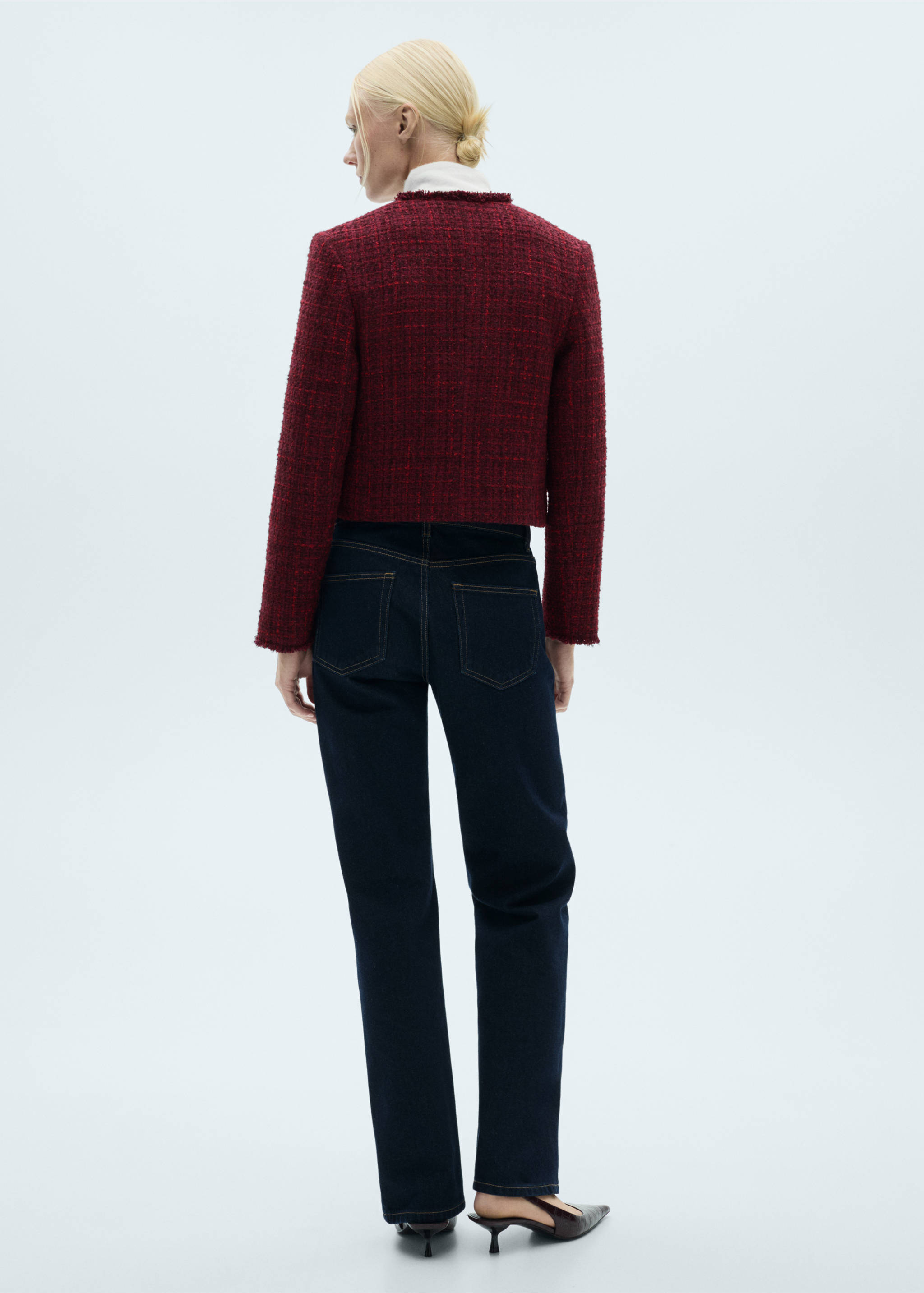Tweed jacket with frayed ends - Reverse of the article, Cherry. Ref: 77048283-00.