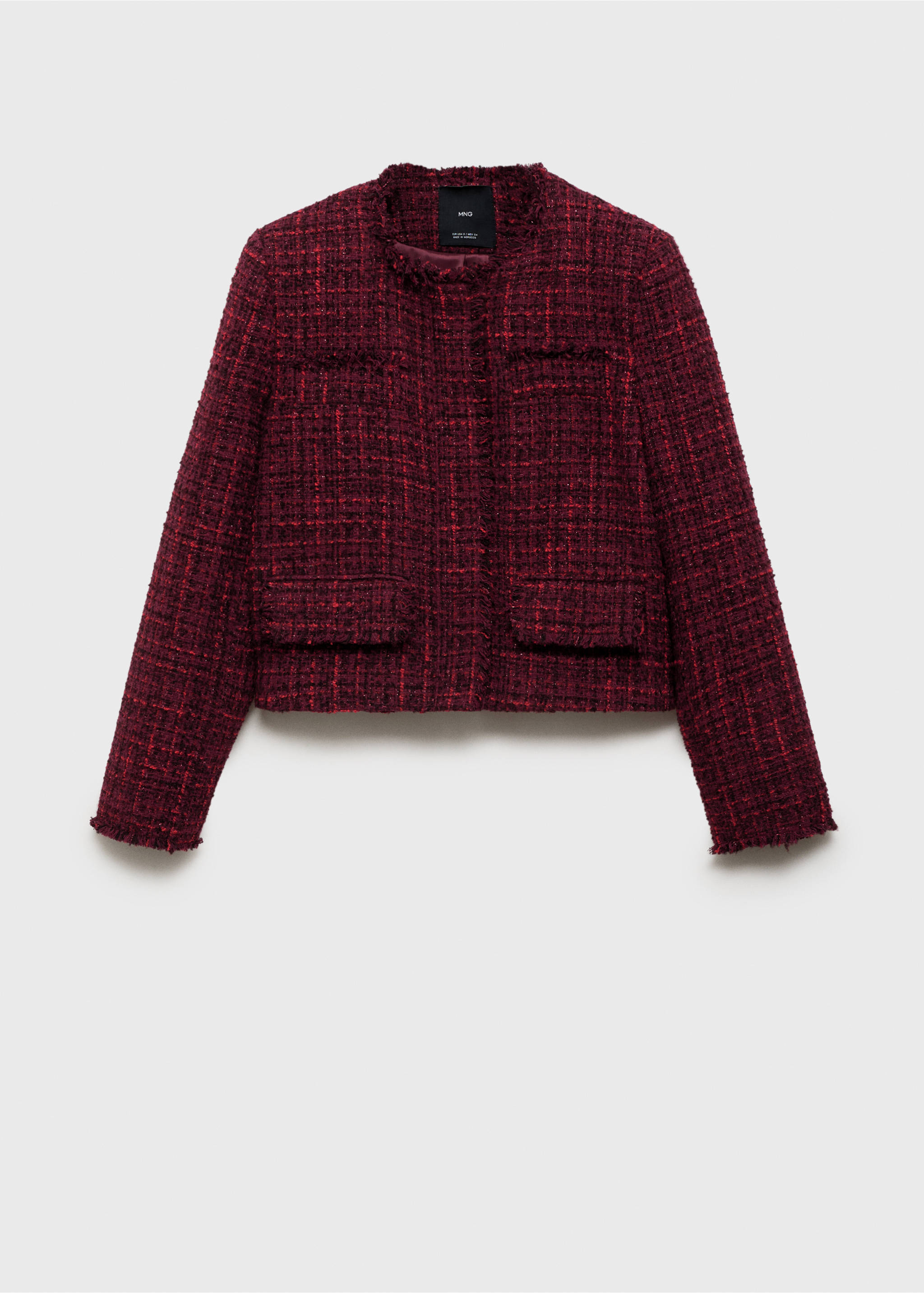 Tweed jacket with frayed ends - Article without model, Cherry. Ref: 77048283-00.