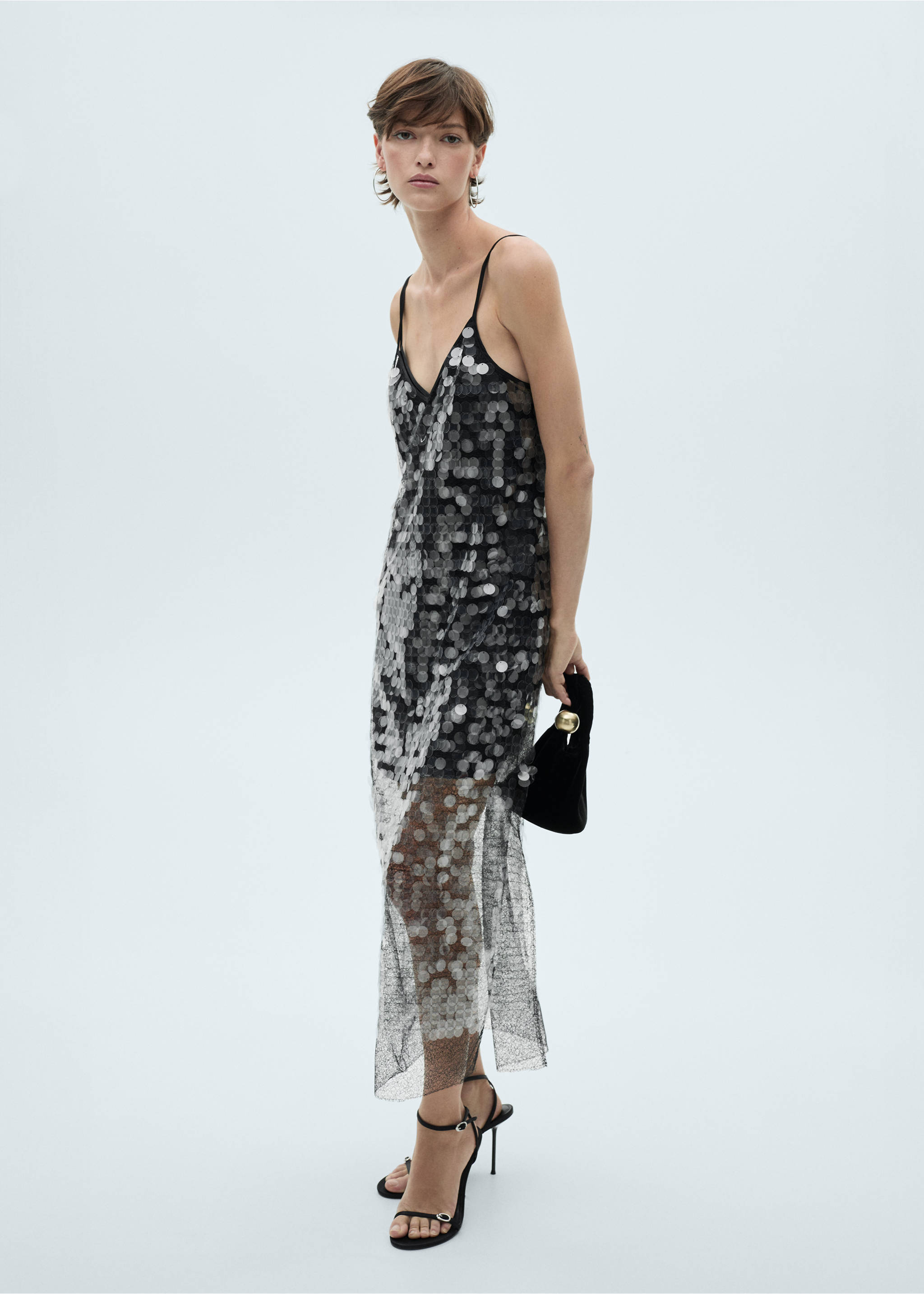 Halbdurchsichtiges Kleid mit XXL-Paillettenbesatz - Allgemeine Ansicht, Grau. Ref: 77049056-00.