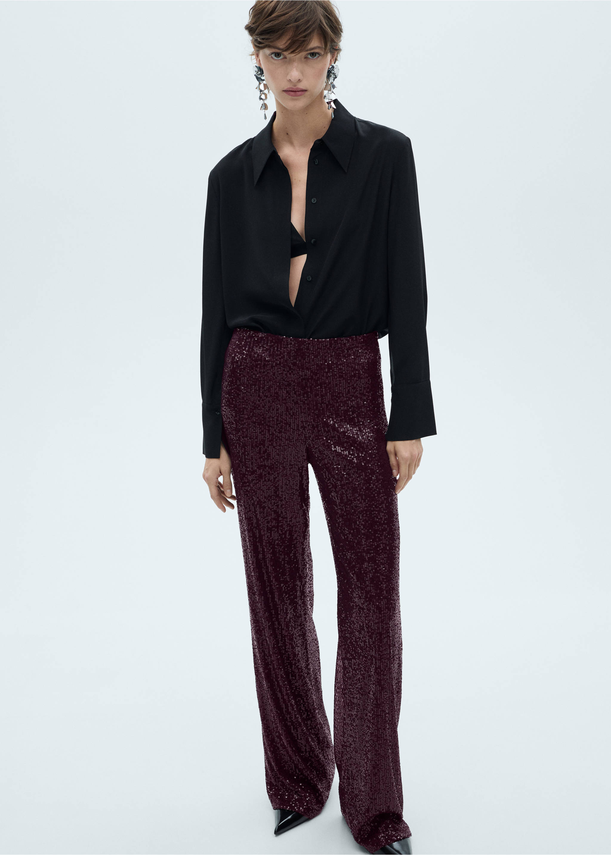 Sequined palazzo trousers - Details of the article 2, Wine. Ref: 77049062-00.