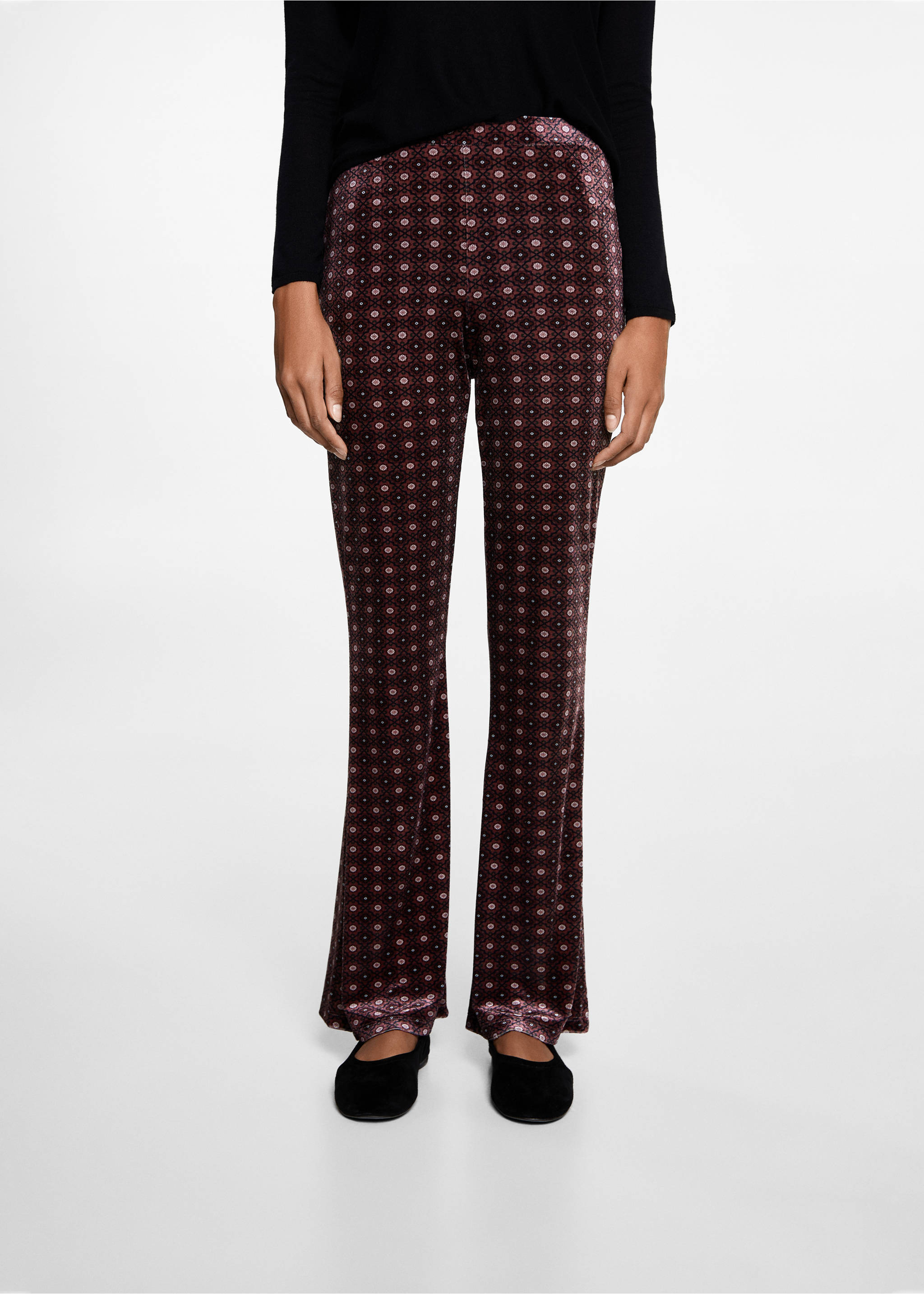 Flared leggings with velvet print - Details of the article 1, Maroon. Ref: 77049066-00.