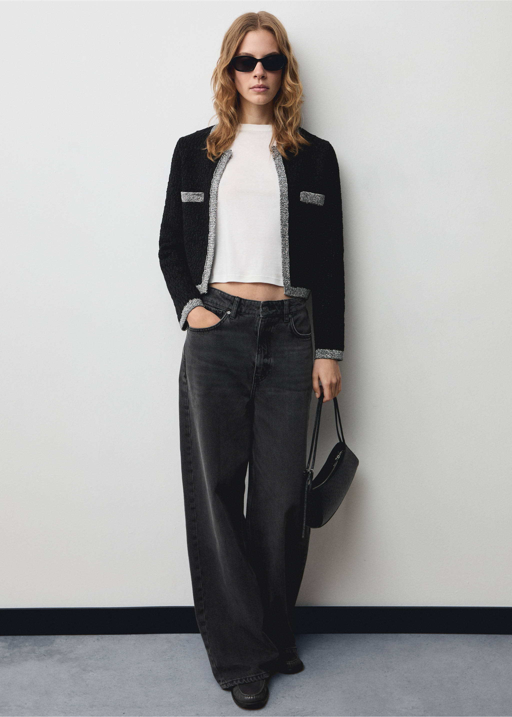 Knitted jacket with lurex detail - General plane, Black. Ref: 77049069-00.