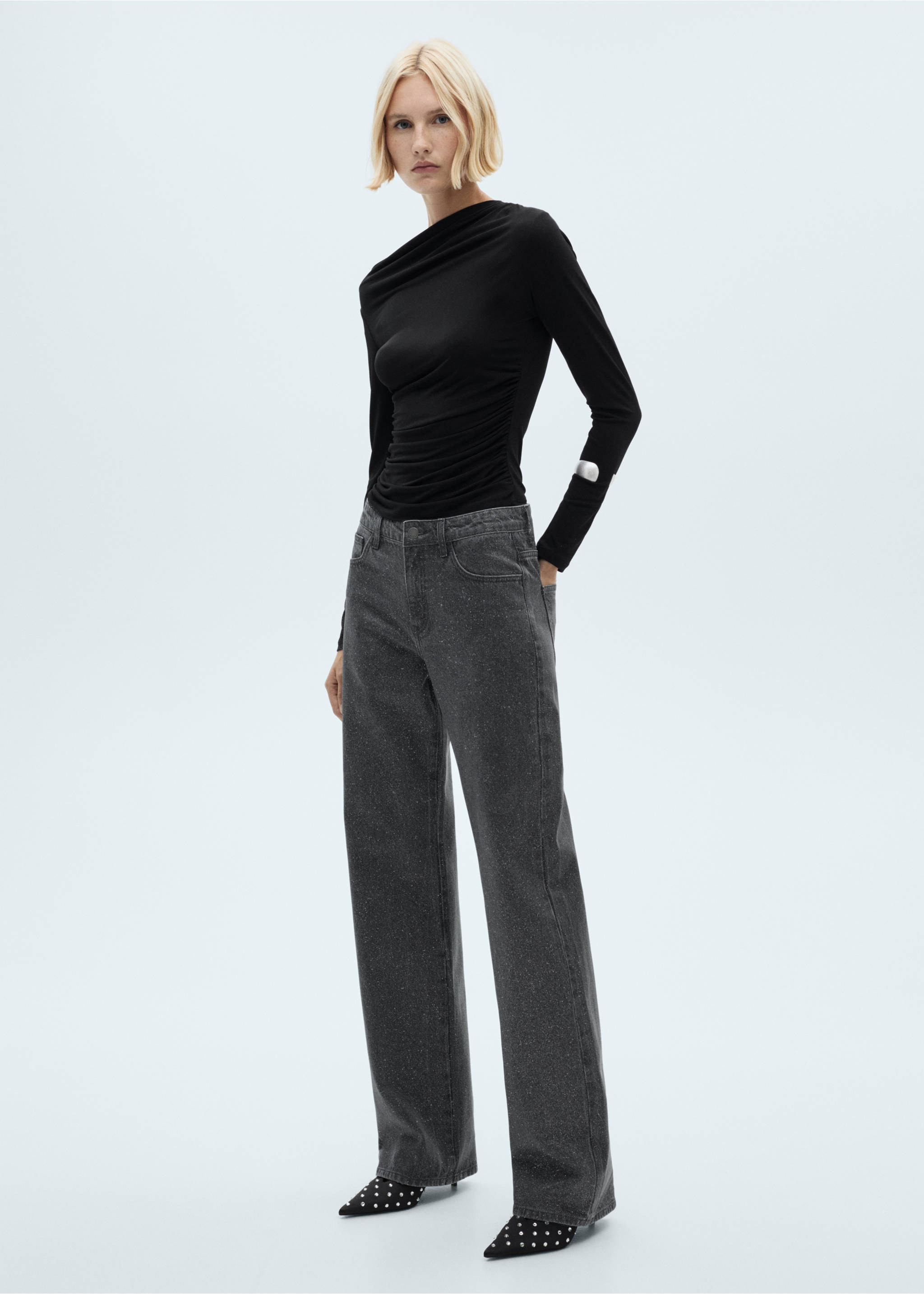 Shiny straight-fit jeans - General plane, Black denim. Ref: 77049074-00.