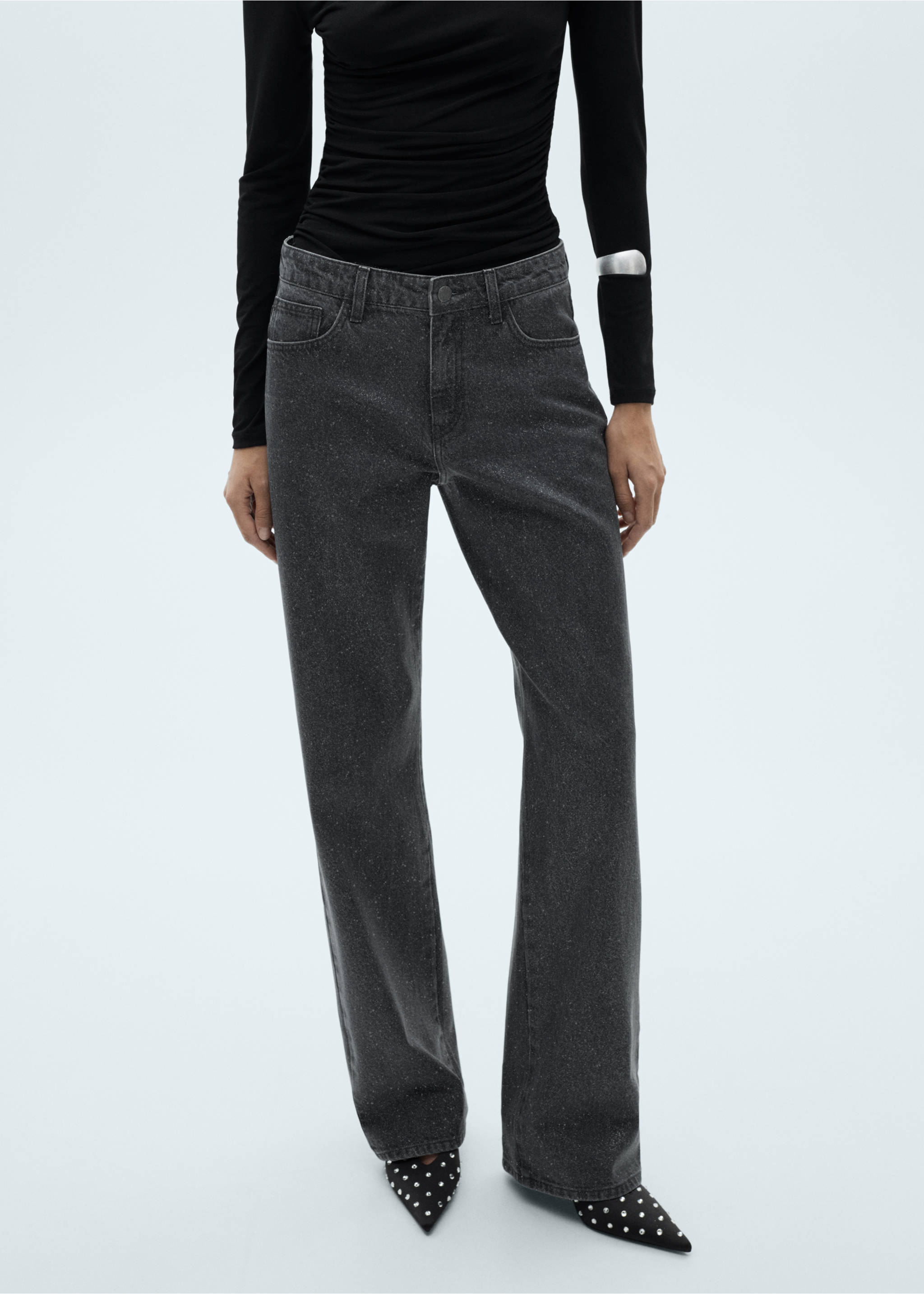 Shiny straight-fit jeans - Medium plane, Black denim. Ref: 77049074-00.