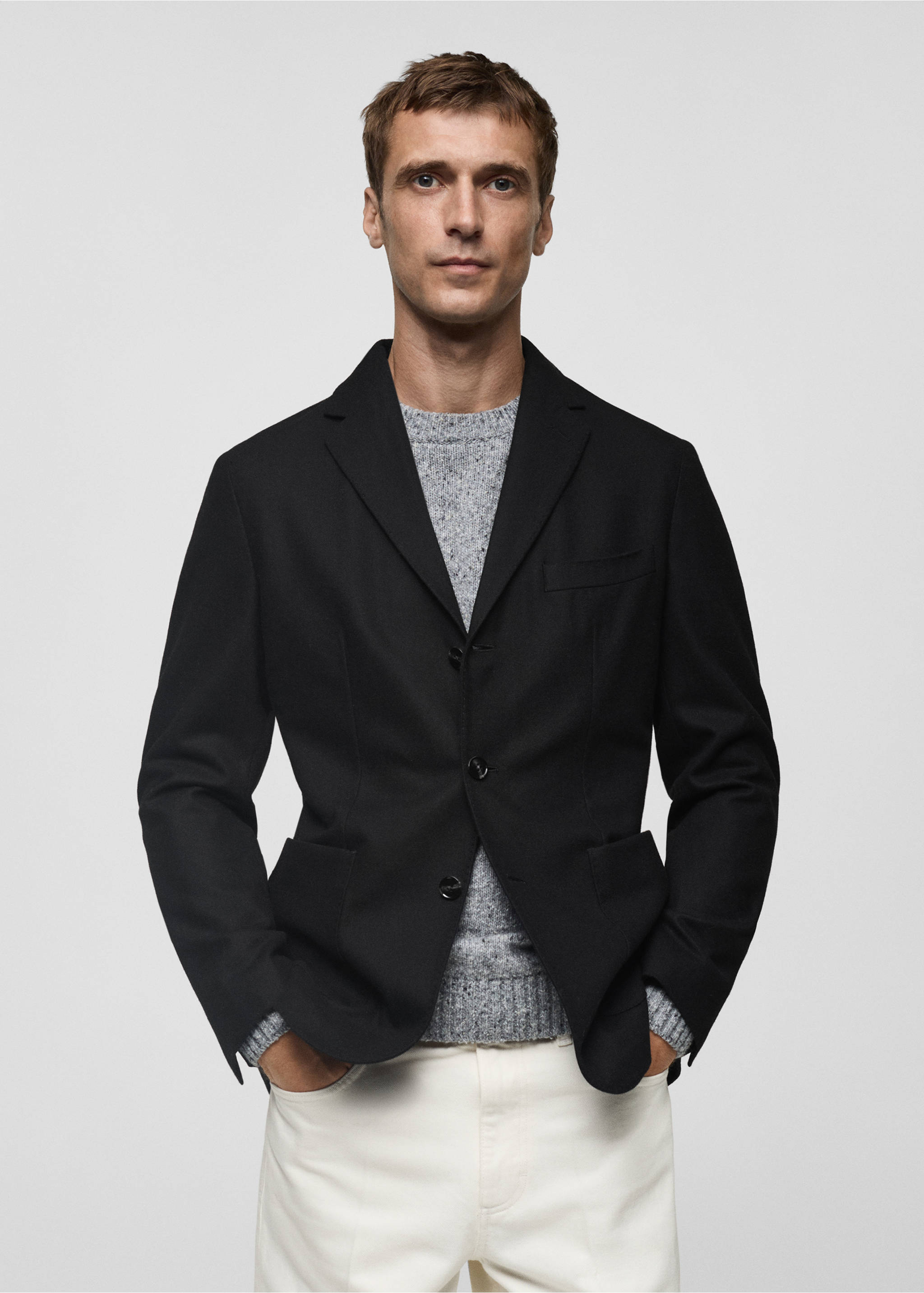 Recycled wool slim-fit jacket - Medium plane, Black. Ref: 77049228-00.