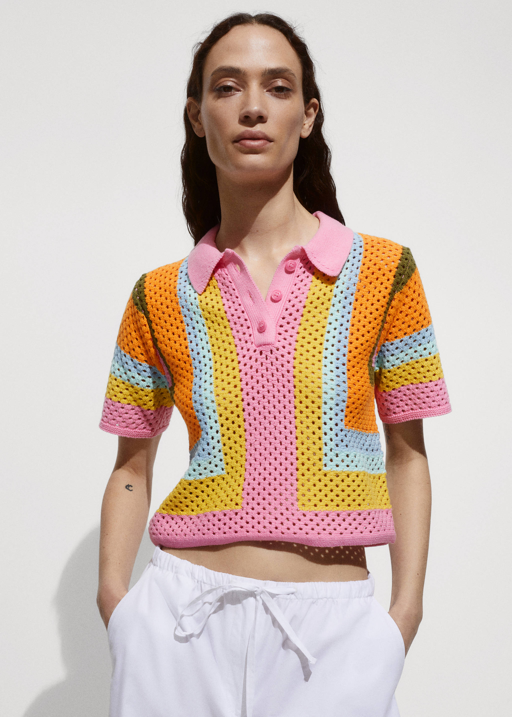 Short-sleeved crochet polo shirt - Details of the article 2