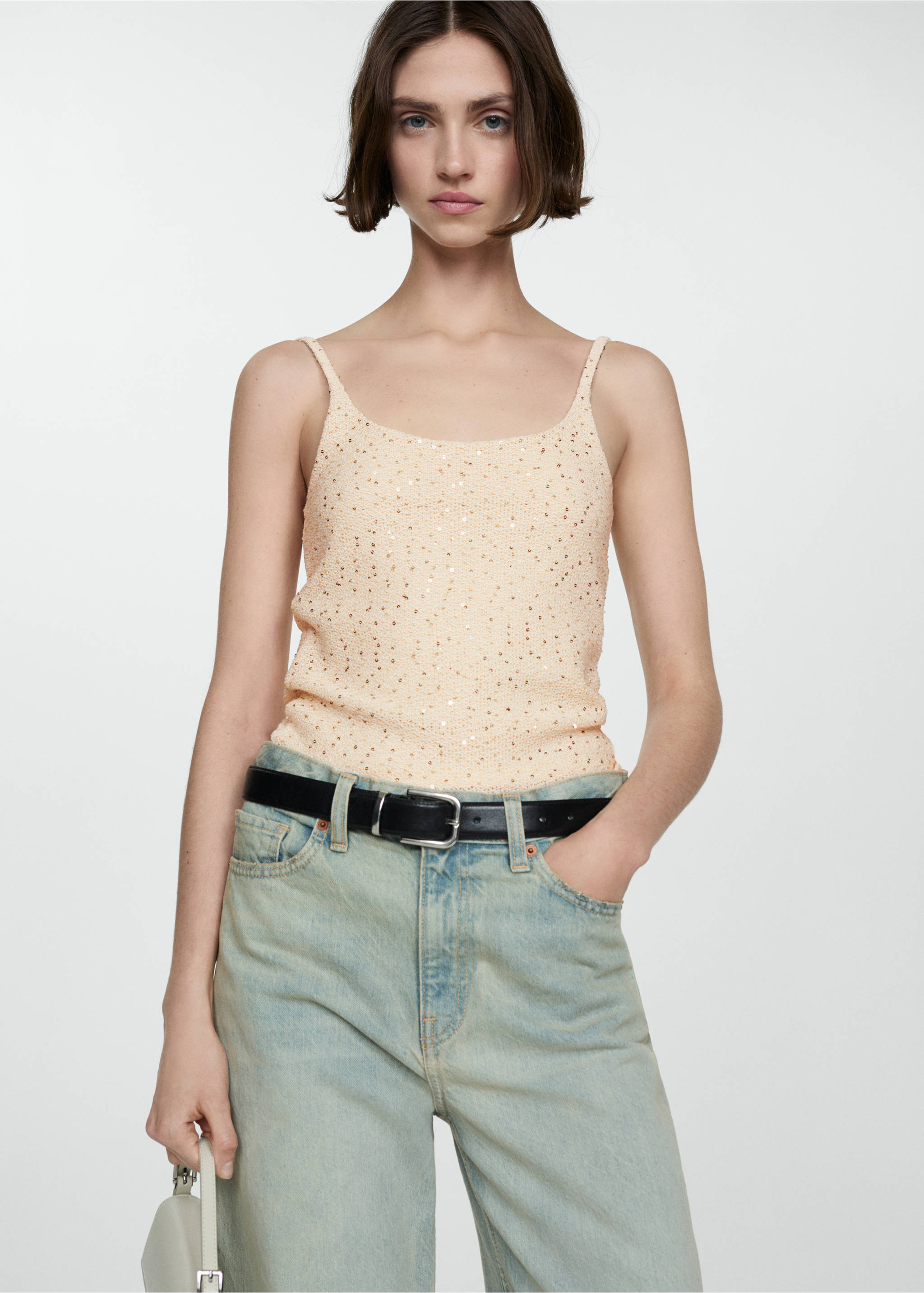 Sequined tank top - Medium plane, Ecru. Ref: 77050371-00.