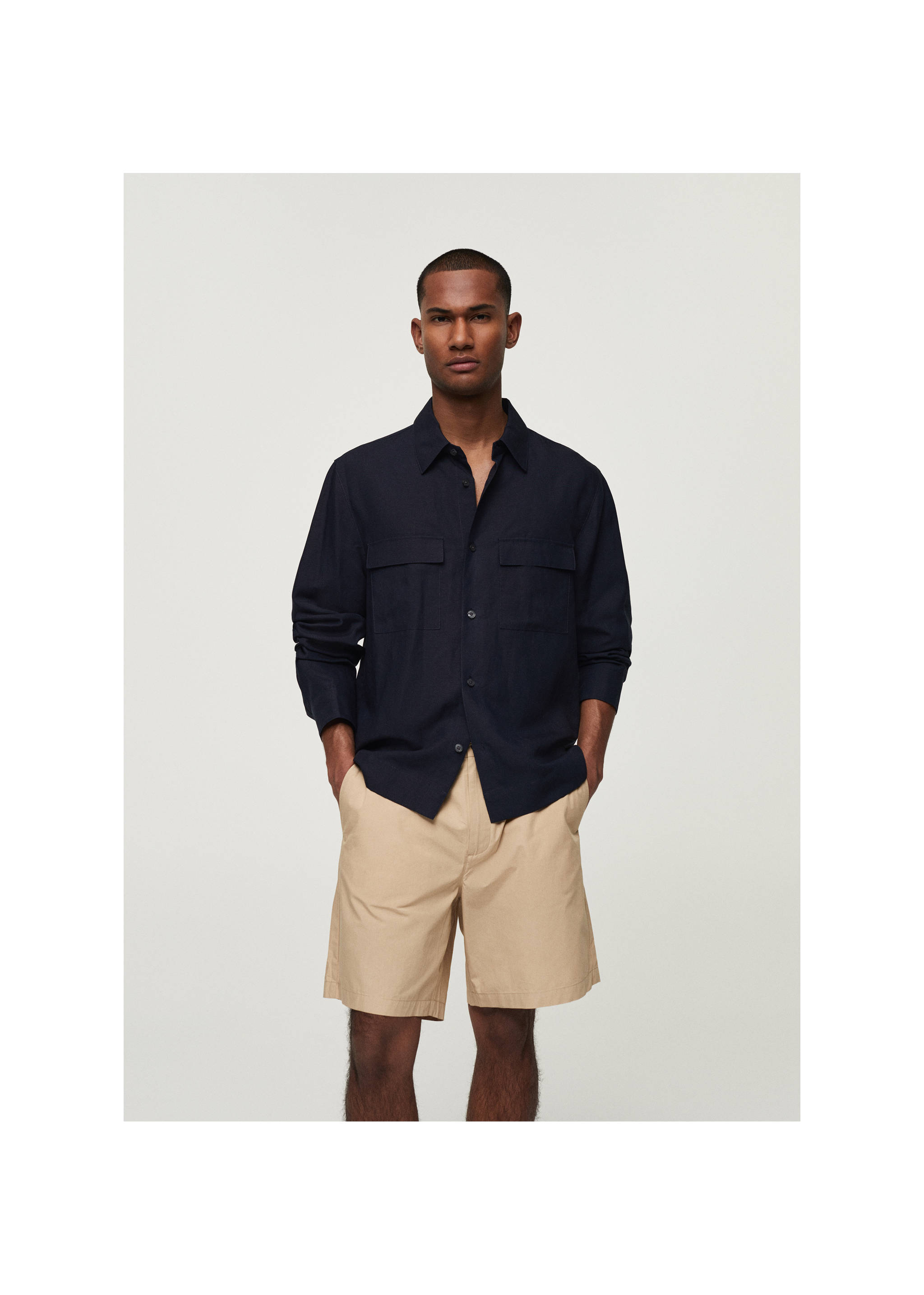 Overshirt din tencel și in cu buzunare - Plan mediu, Bleumarin închis. Ref: 77050563-00.