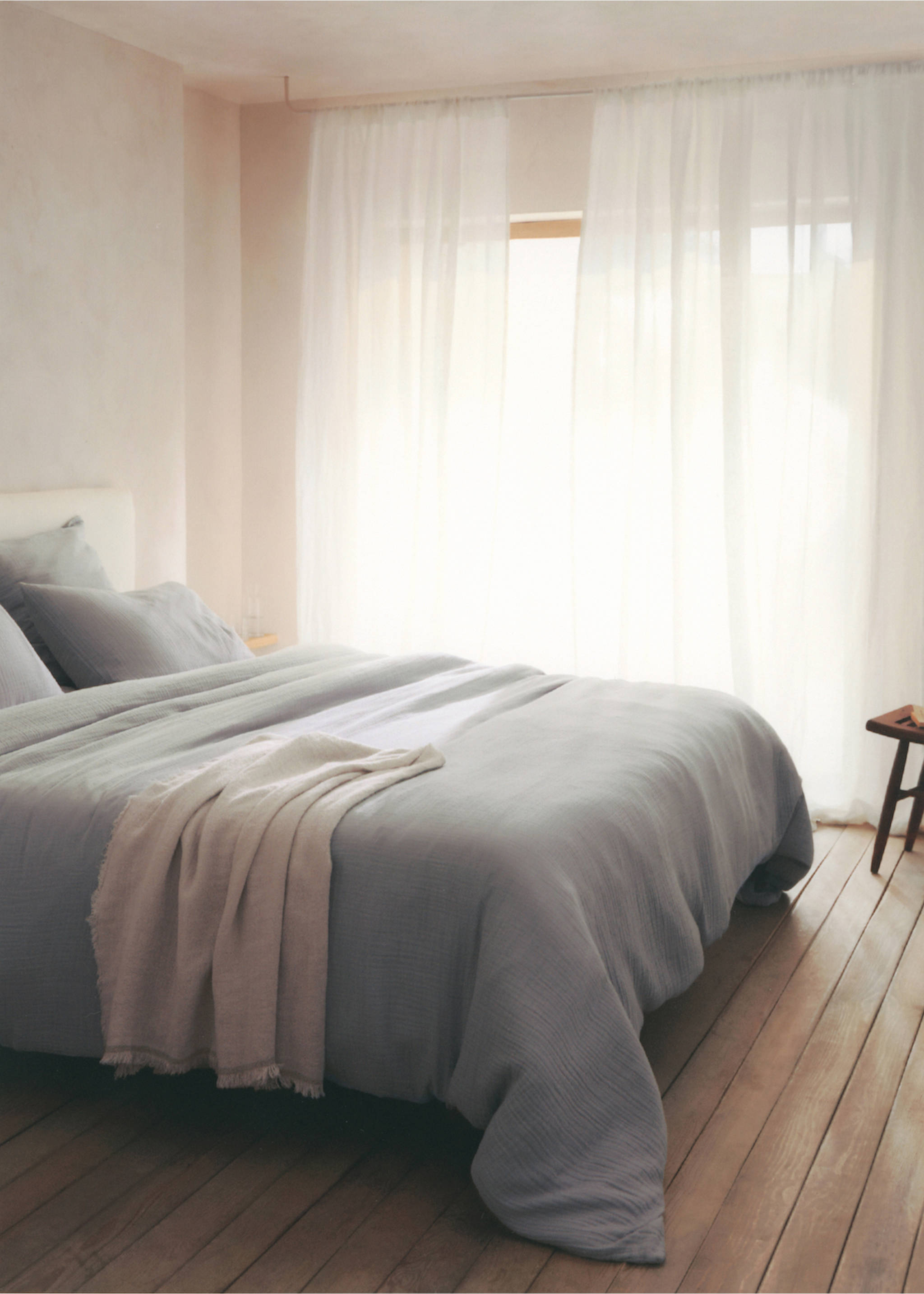 Cotton gauze duvet cover for king bed - Details of the article 6, Aqua Green. Ref: 77050573-00.