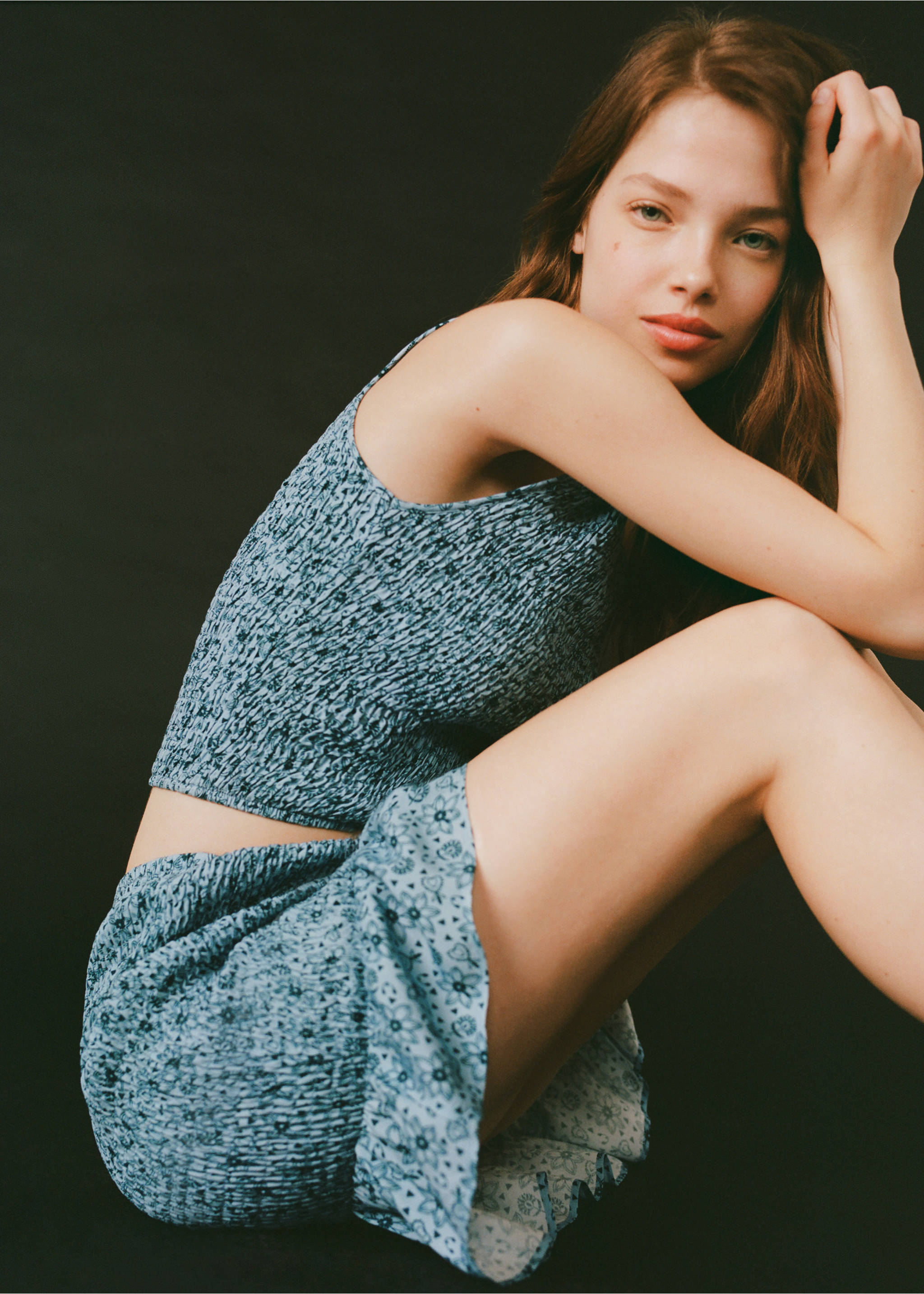 Printed pleated skirt - Details of the article 5, Sky Blue. Ref: 77050639-00.