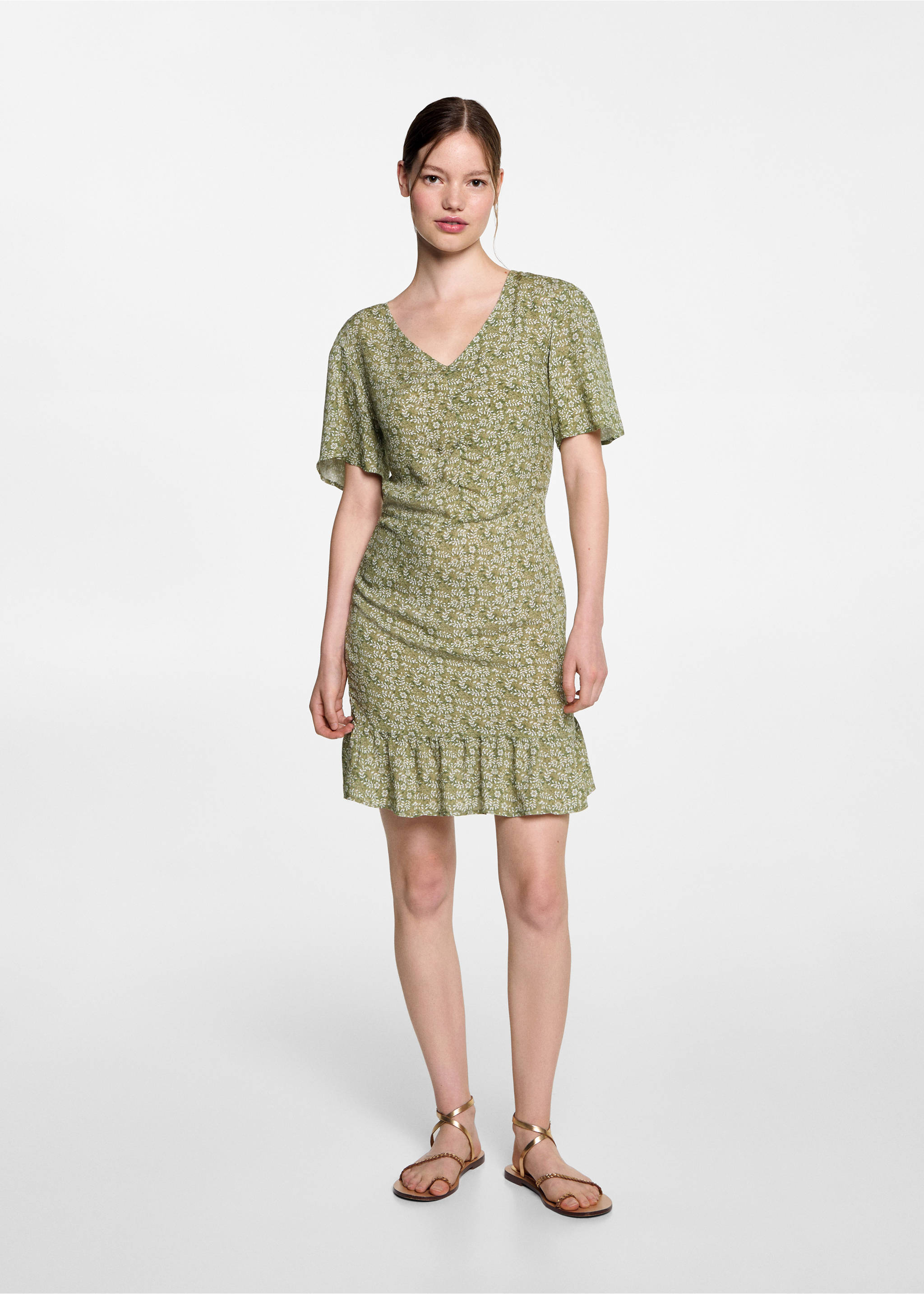 Rochie cu volane și imprimeu floral - Plan general, Verde. Ref: 77050645-00.