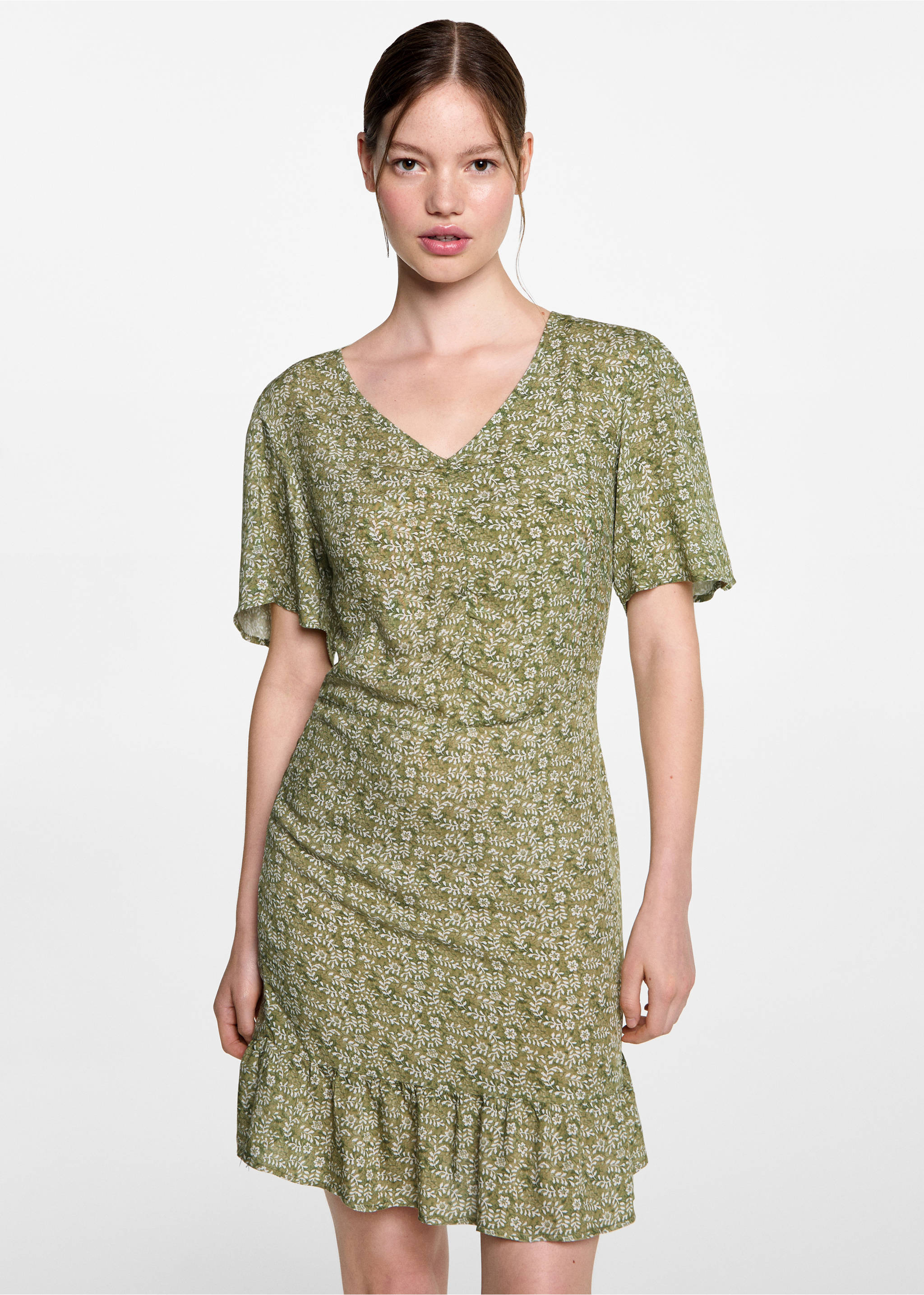 Rochie cu volane și imprimeu floral - Plan mediu, Verde. Ref: 77050645-00.