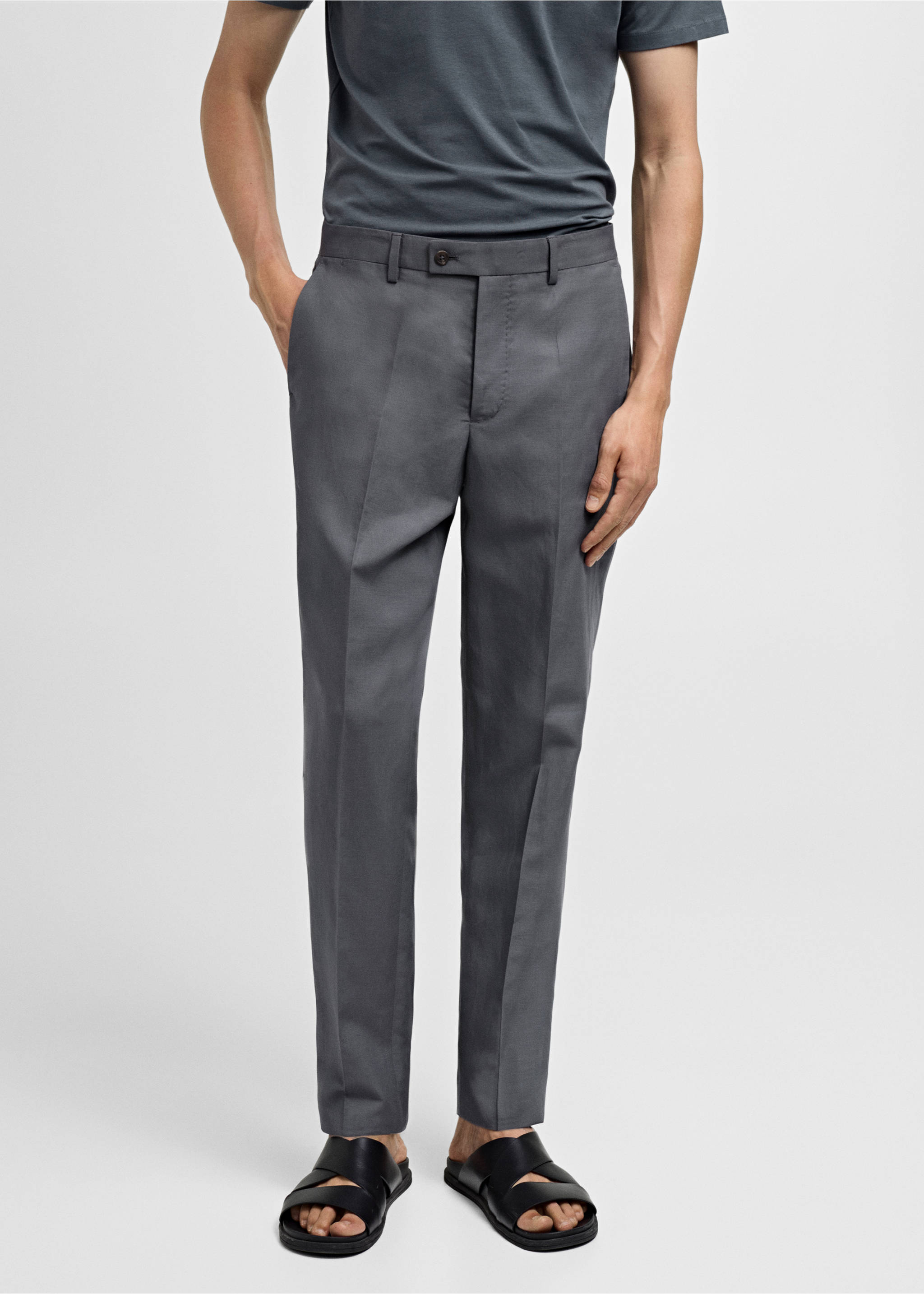 Slim-fit linen-blend suit trousers - Medium plane, Petrol Blue. Ref: 77052533-00.