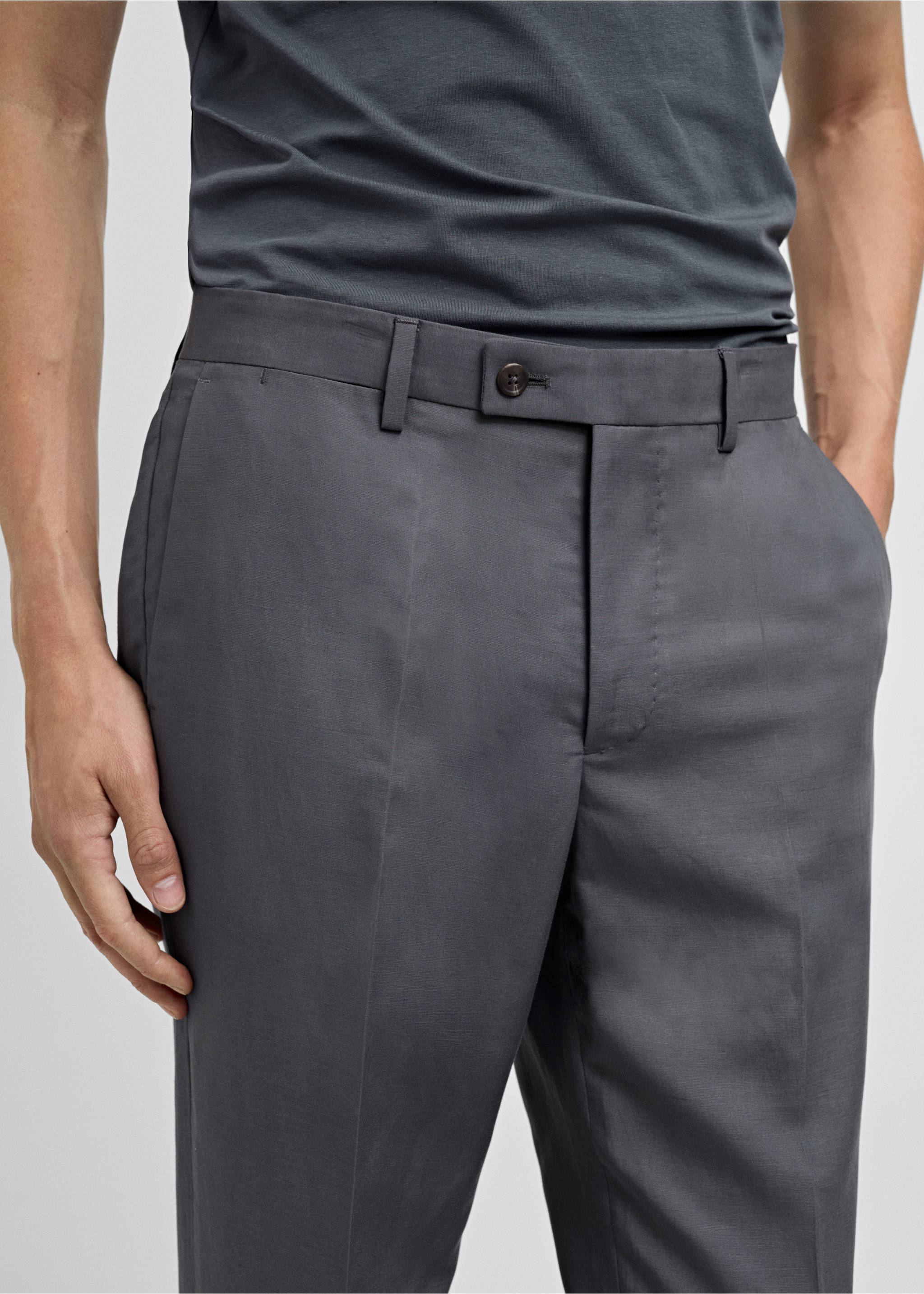 Slim-fit linen-blend suit trousers - Details of the article 1, Petrol Blue. Ref: 77052533-00.