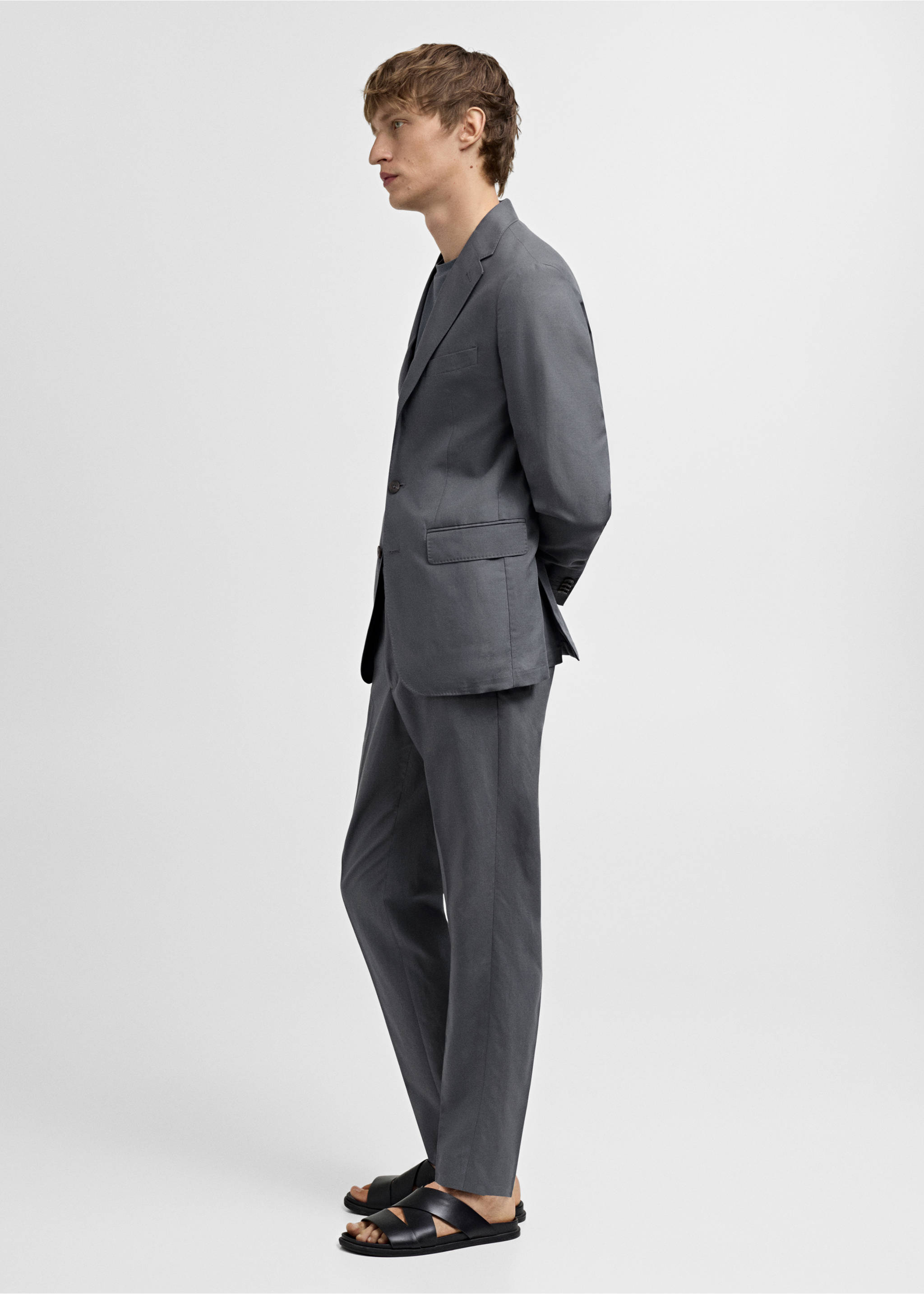 Slim-fit linen-blend suit trousers - Details of the article 2, Petrol Blue. Ref: 77052533-00.