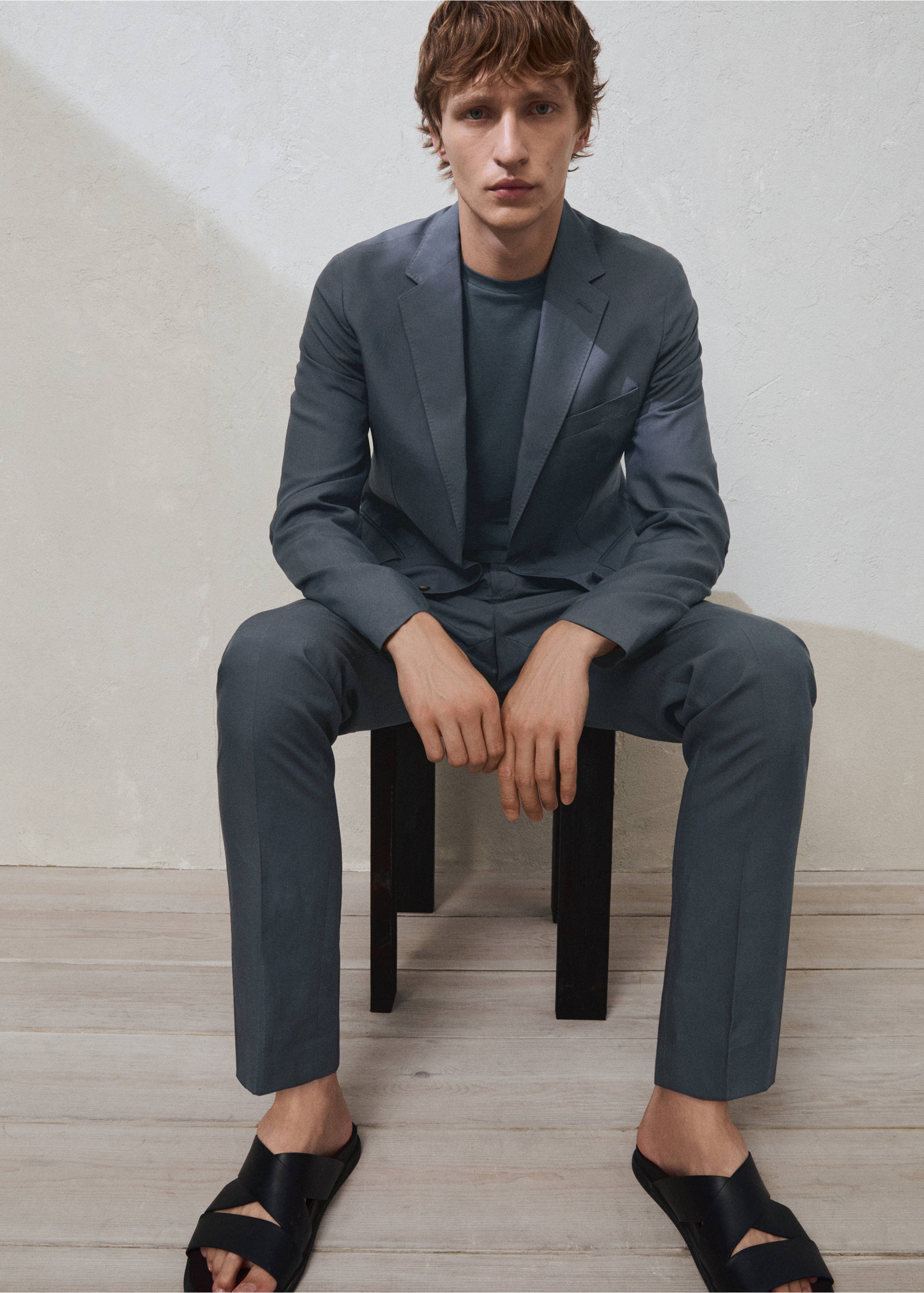 Slim-fit linen-blend suit trousers - Details of the article 5, Petrol Blue. Ref: 77052533-00.