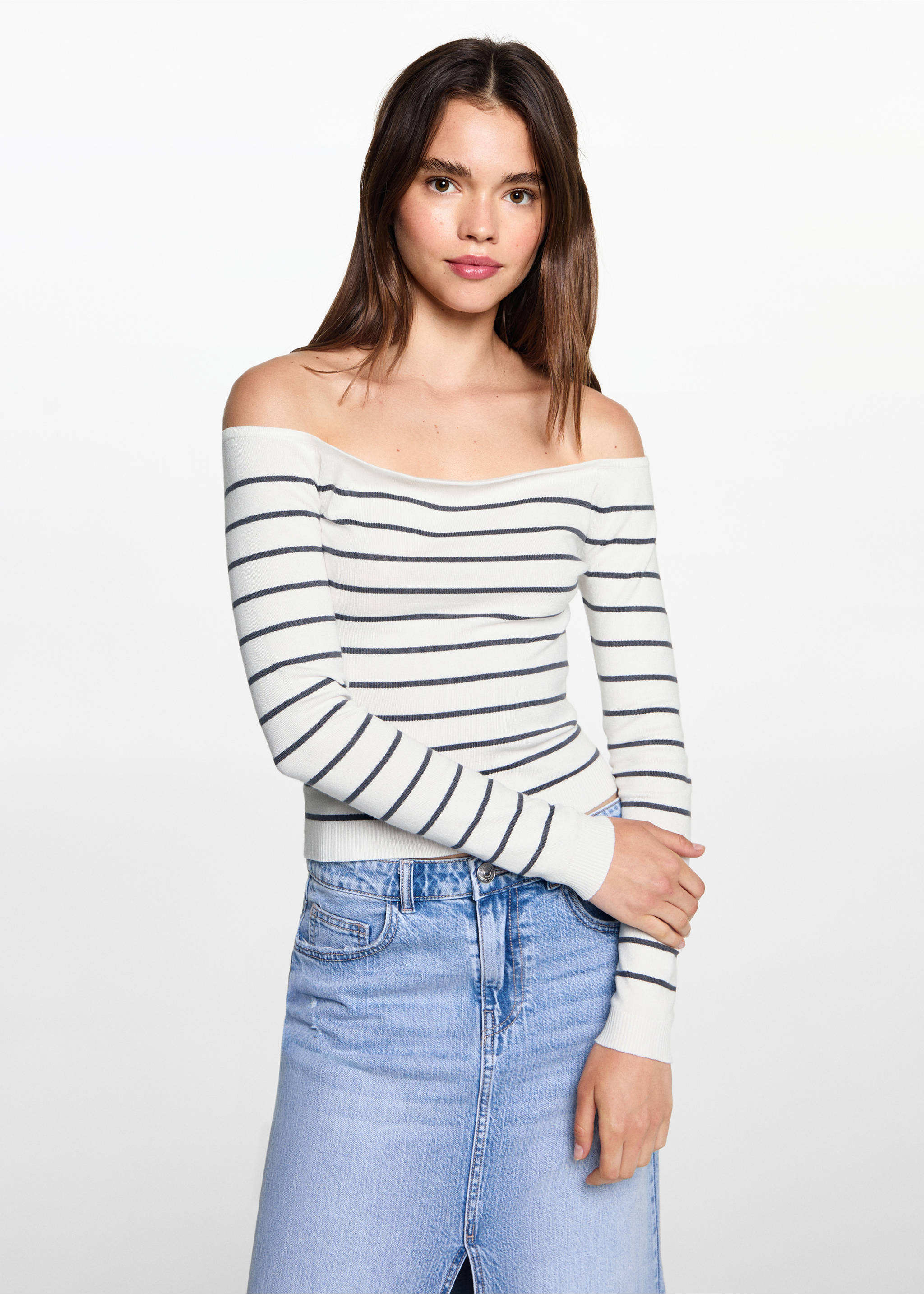 Striped boat-neck sweater - Medium plane, Off White. Ref: 77052932-00.