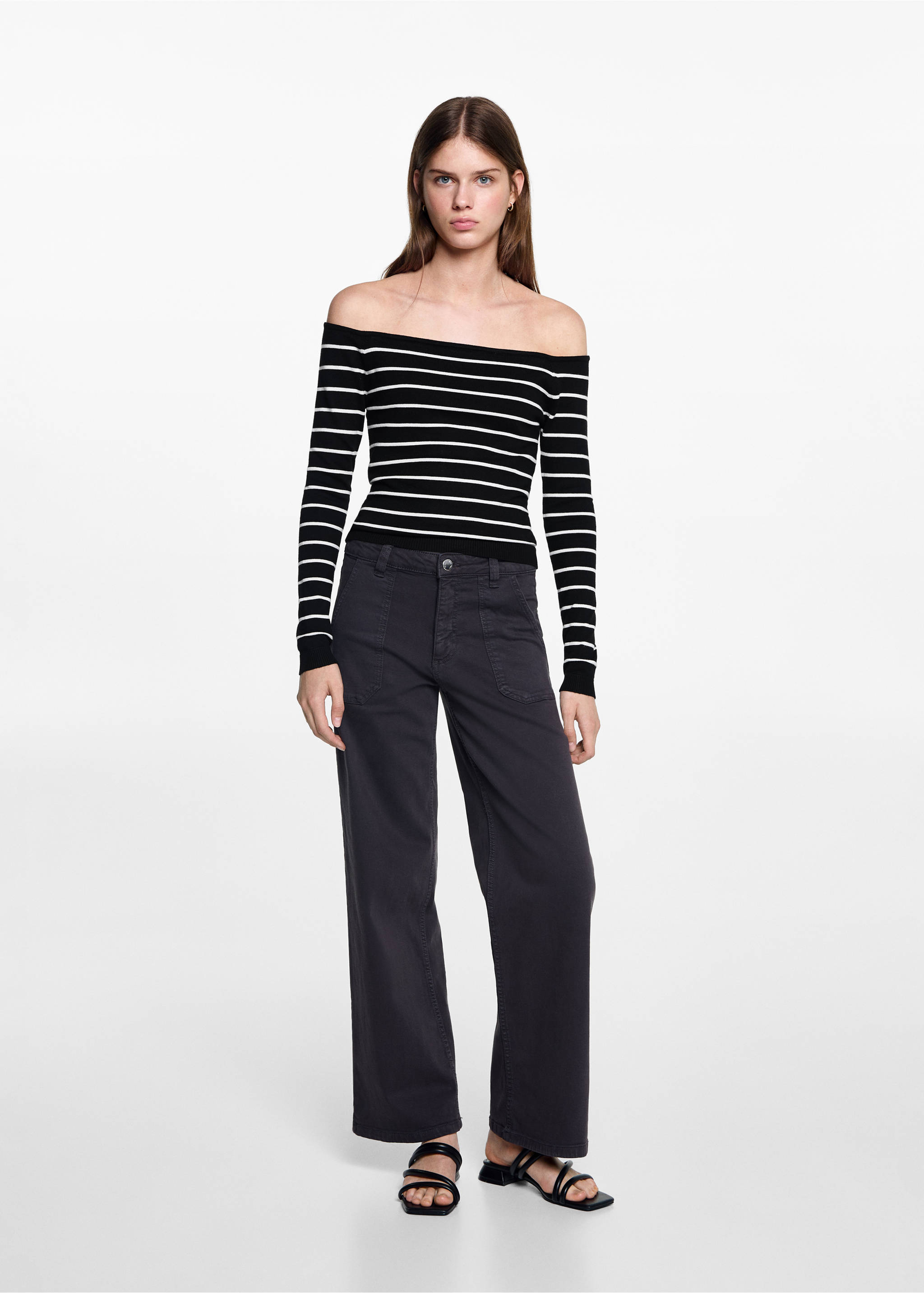Striped boat-neck sweater - General plane, Black. Ref: 77052932-00.