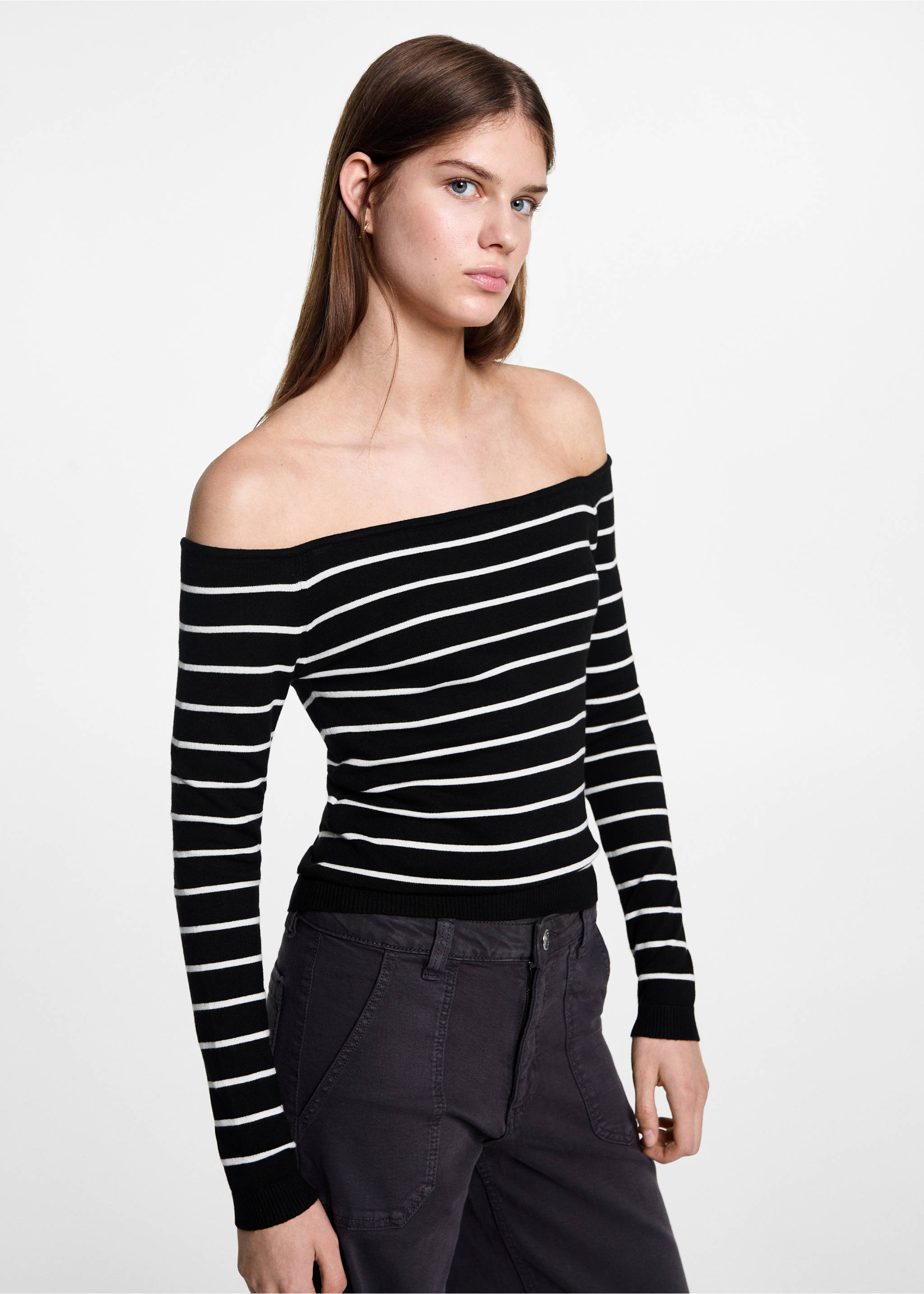 Striped boat-neck sweater - Medium plane, Black. Ref: 77052932-00.