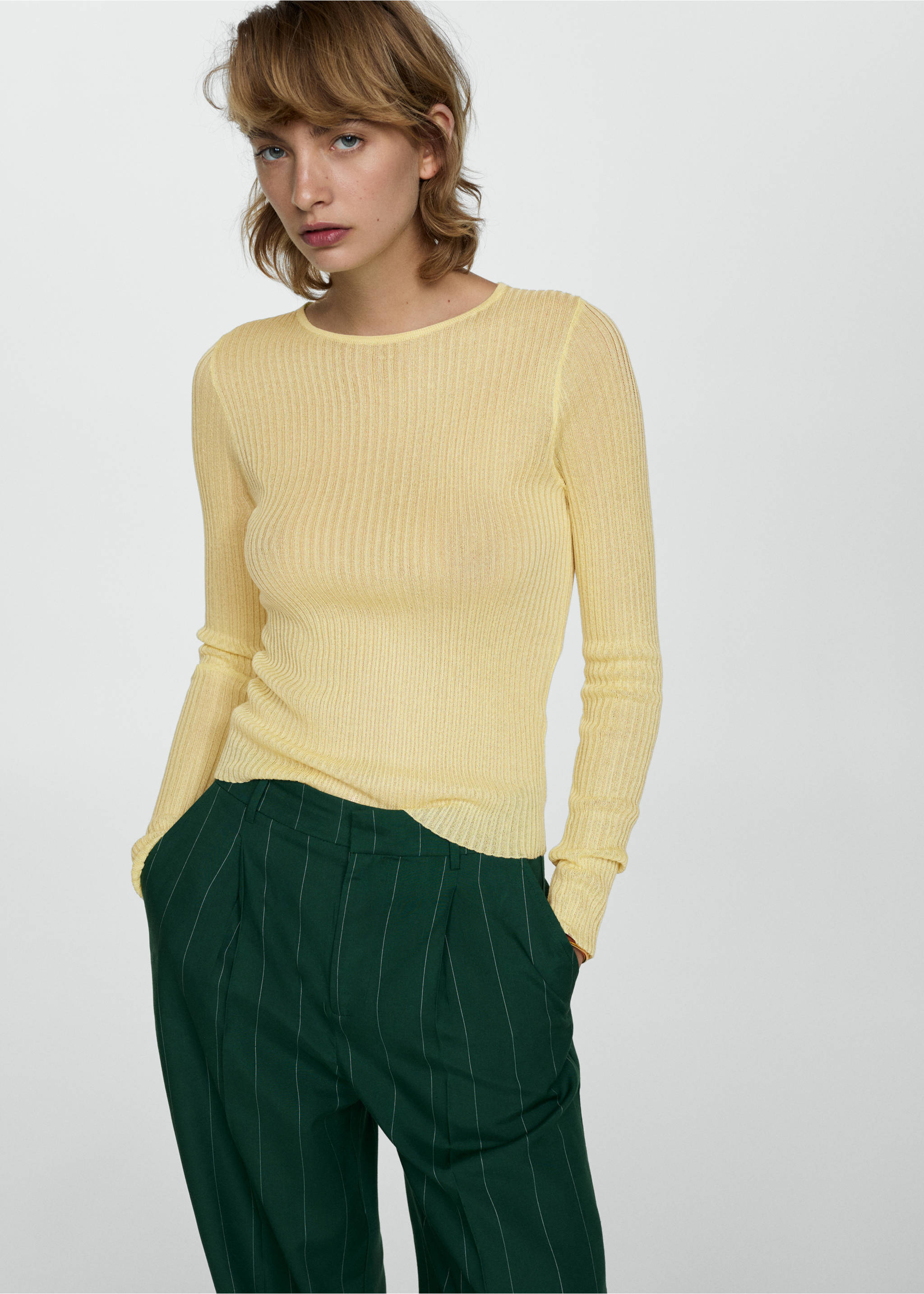 Gerippter Feinstrickpullover - Mittlere Ansicht, Pastellgelb. Ref: 77054033-00.