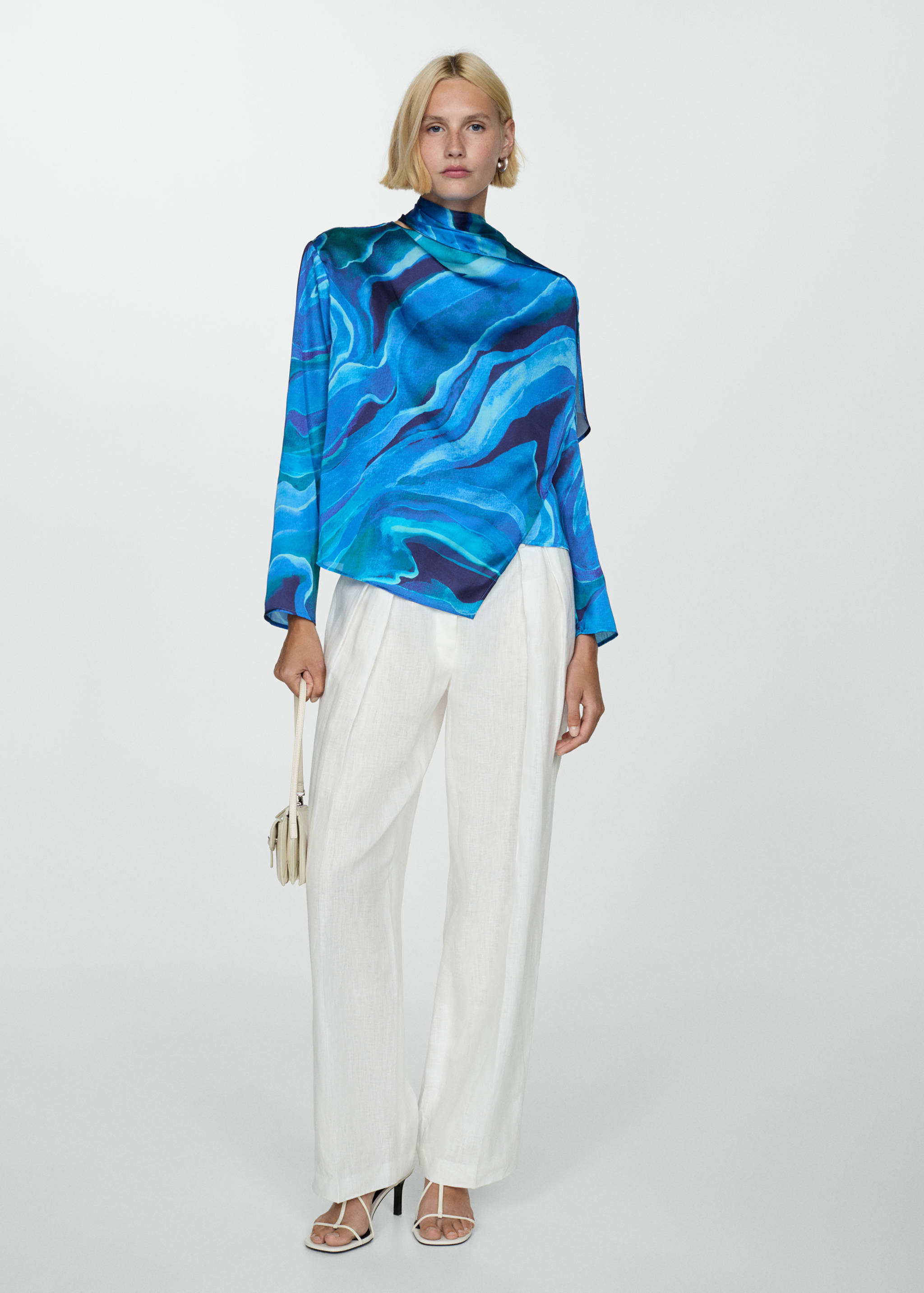 Satin printed blouse with draped neck - General plane