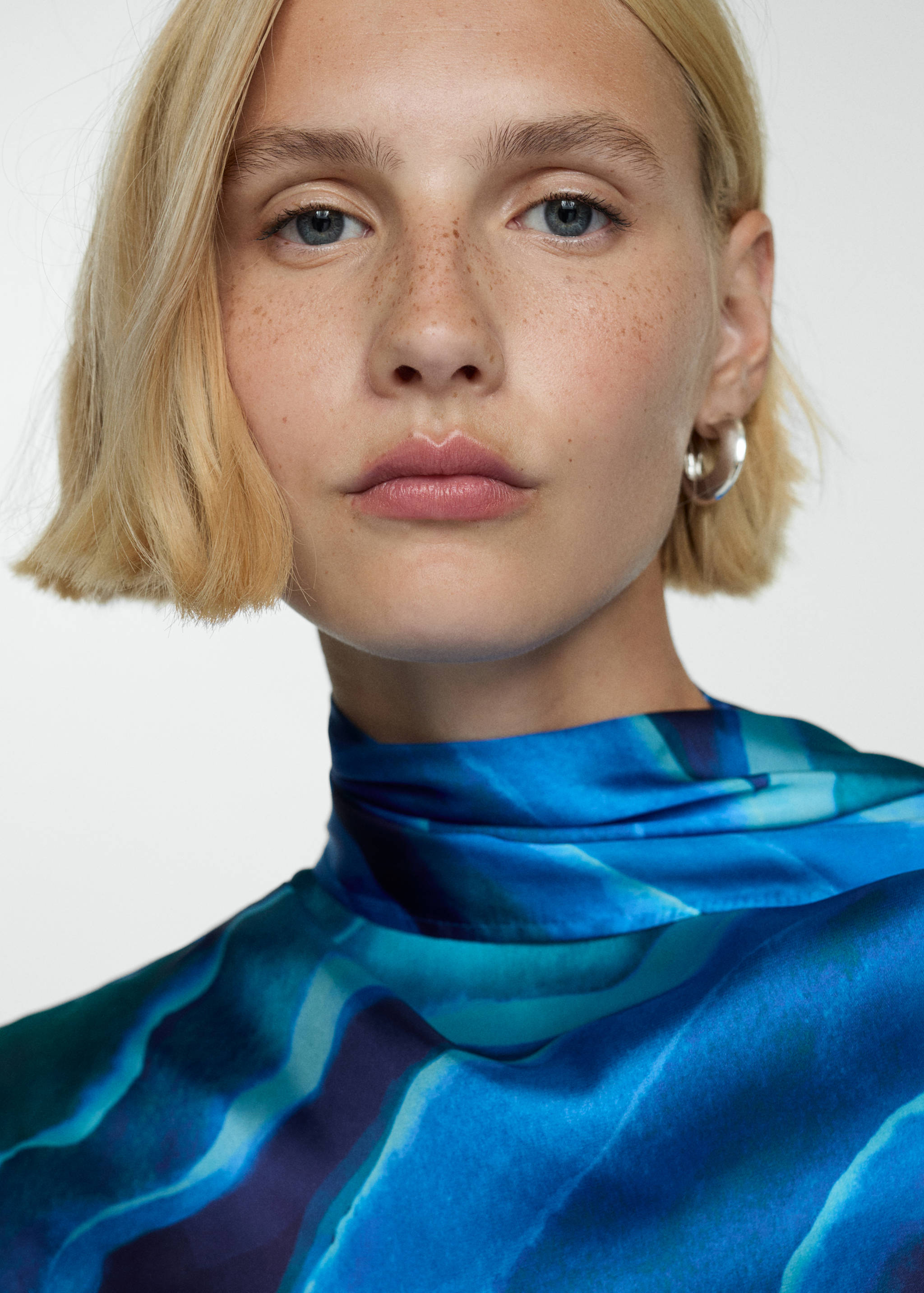 Satin printed blouse with draped neck - Details of the article 1