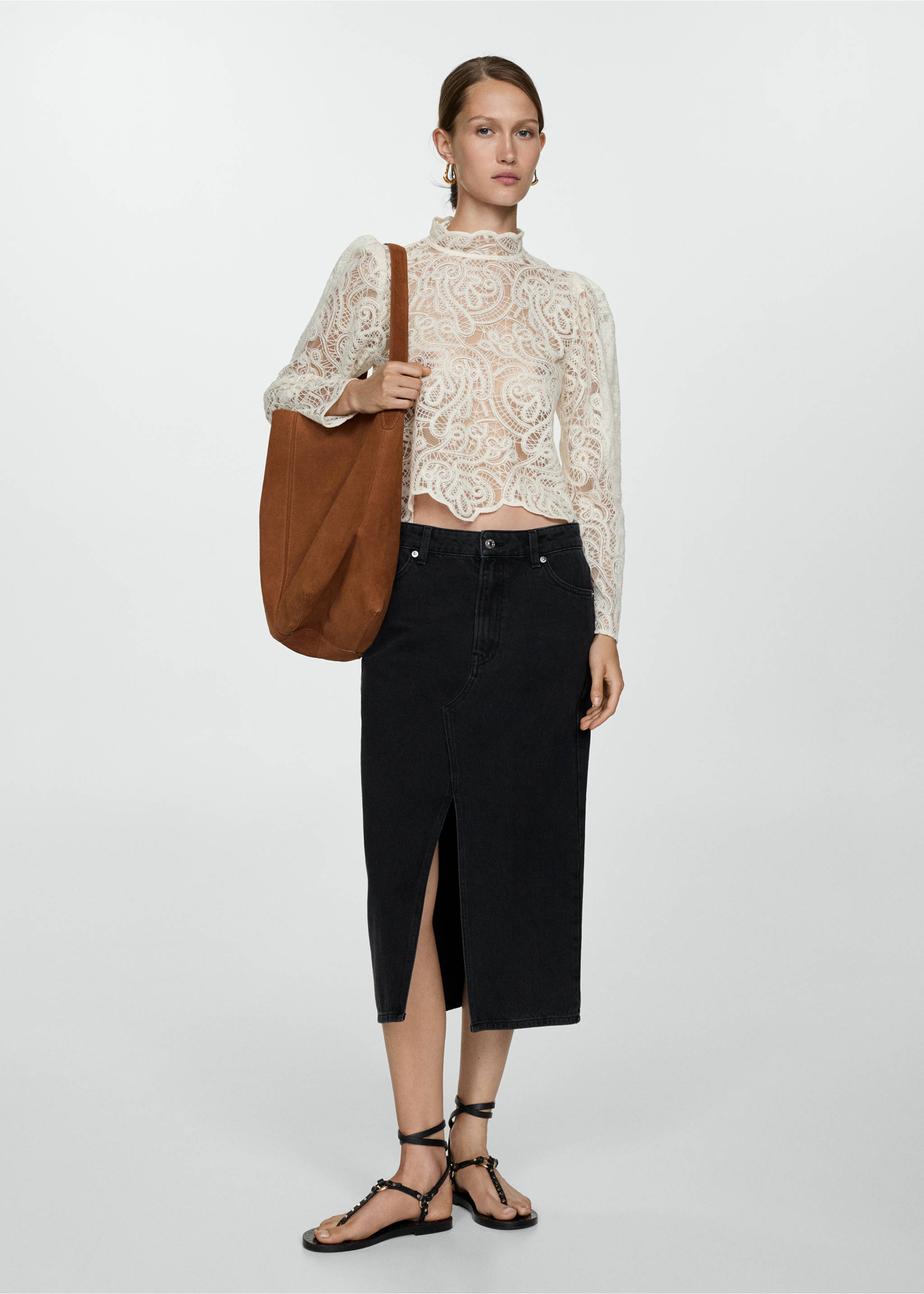 Denim midi-skirt - General plane, Black denim. Ref: 77054786-00.