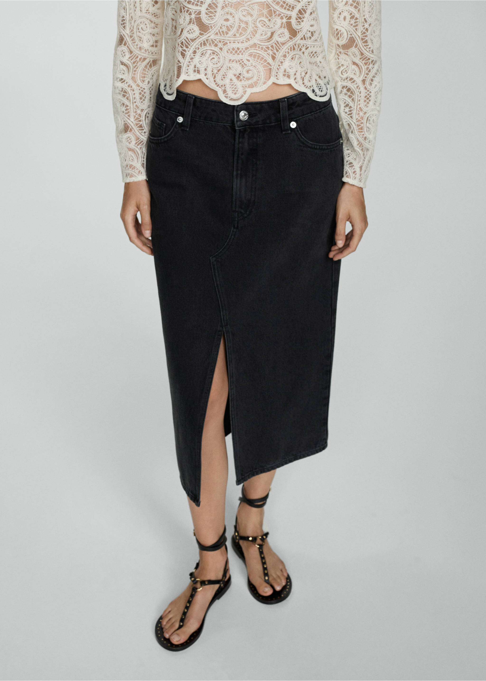 Denim midi-skirt - Medium plane, Black denim. Ref: 77054786-00.