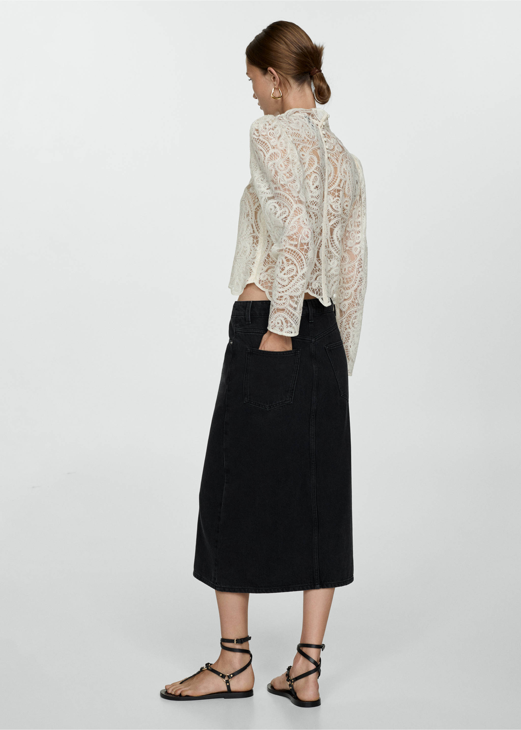 Denim midi-skirt - Reverse of the article, Black denim. Ref: 77054786-00.