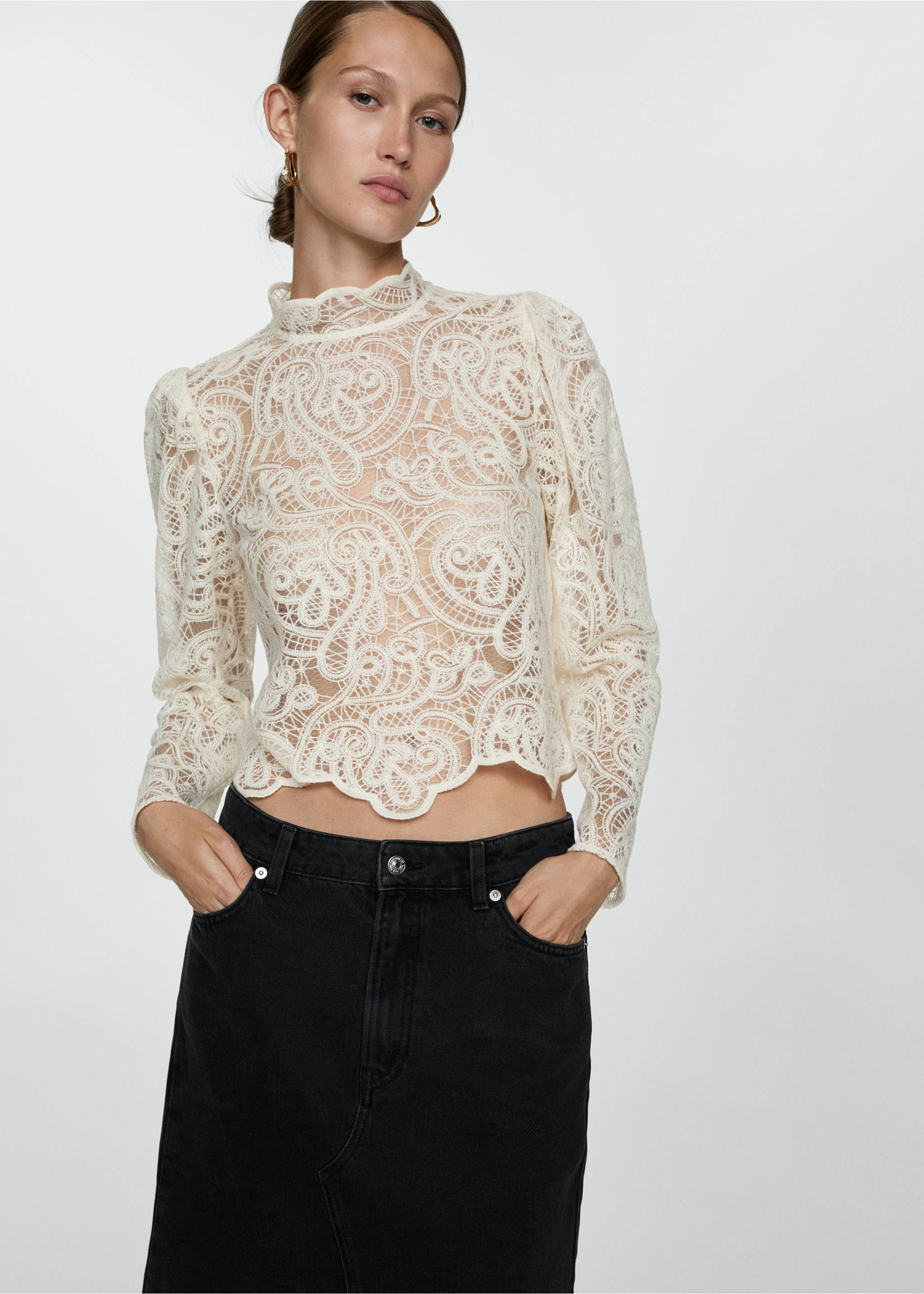 Denim midi-skirt - Details of the article 1, Black denim. Ref: 77054786-00.