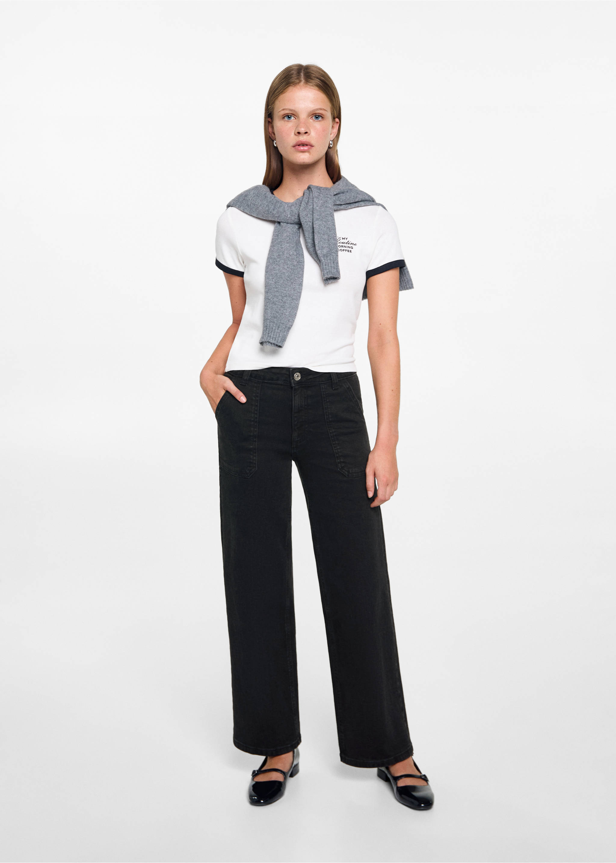 Culotte pants with pockets - General plane, Black denim. Ref: 77054789-00.