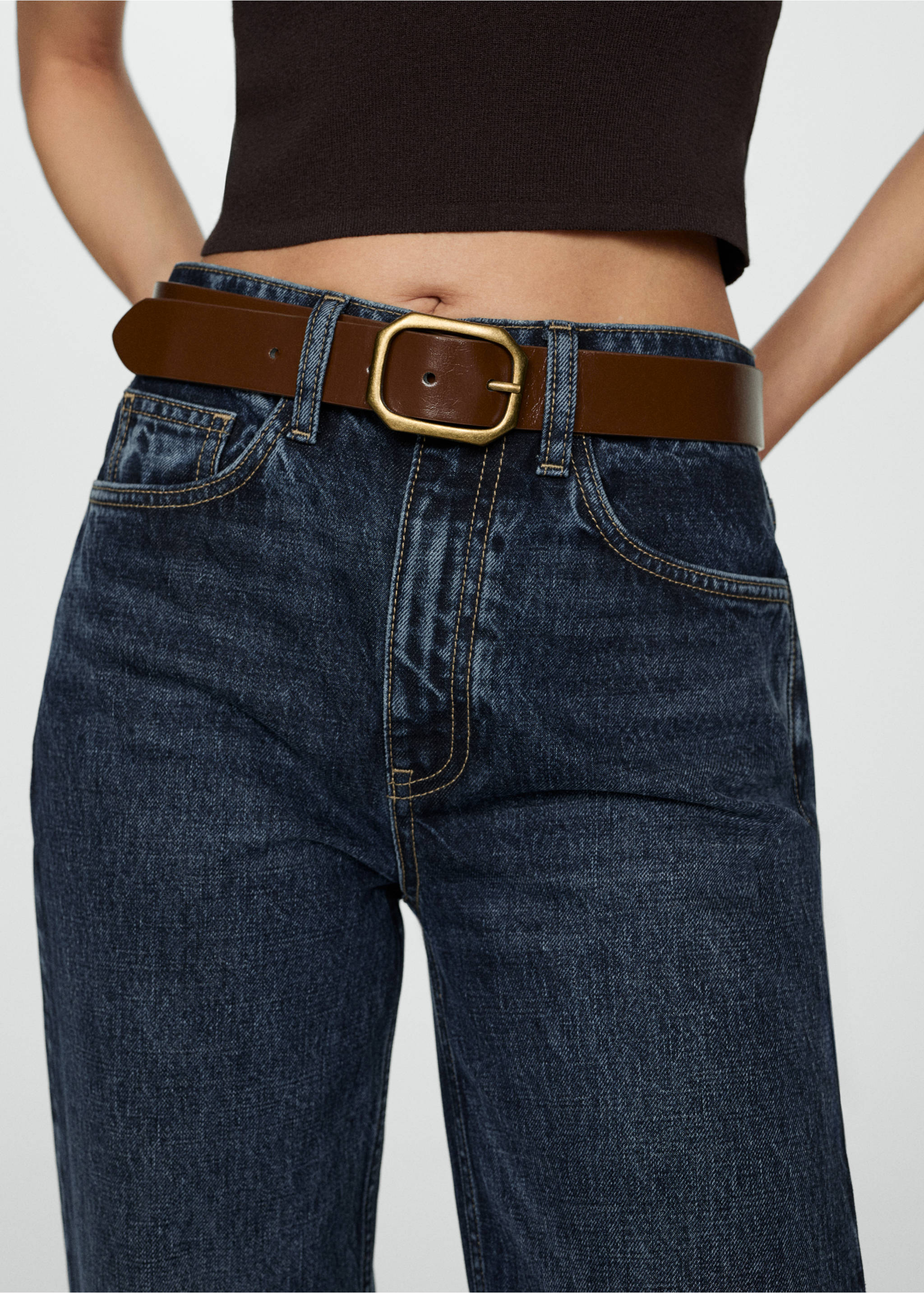 High waist straight jeans - Details of the article 1, Dark Blue. Ref: 77055644-00.