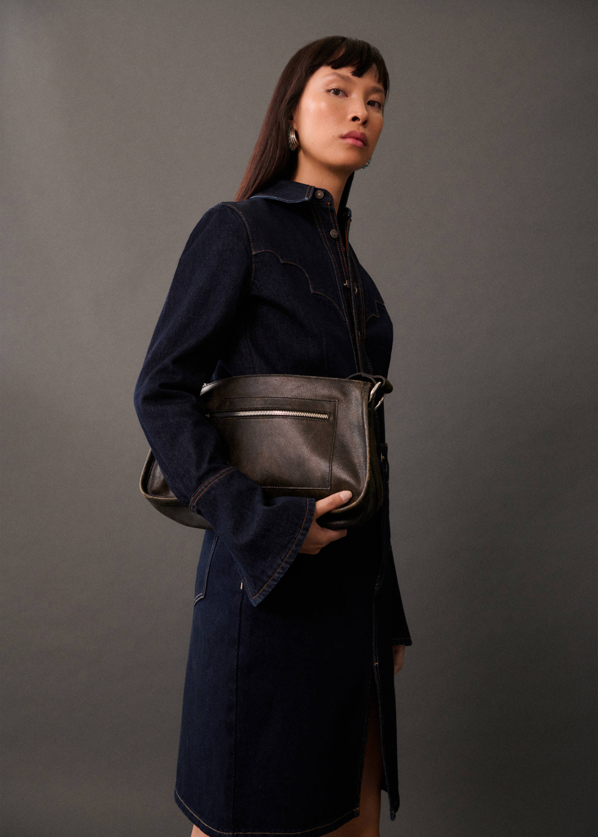 Rinse-wash denim midi-skirt - Medium plane