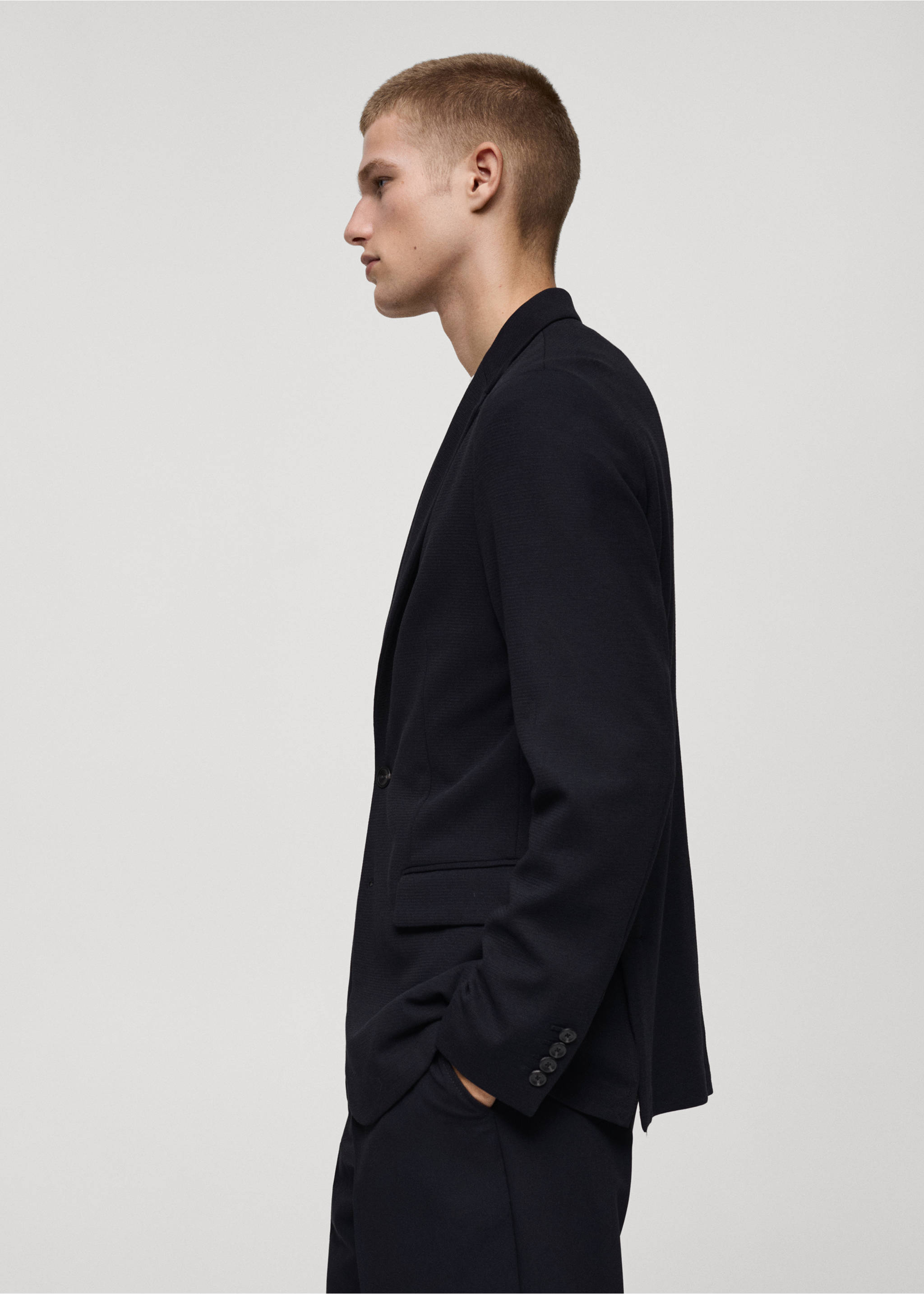 Slim-fit cotton micro-structured tailored jacket - Details of the article 2, Dark Navy. Ref: 77055970-00.