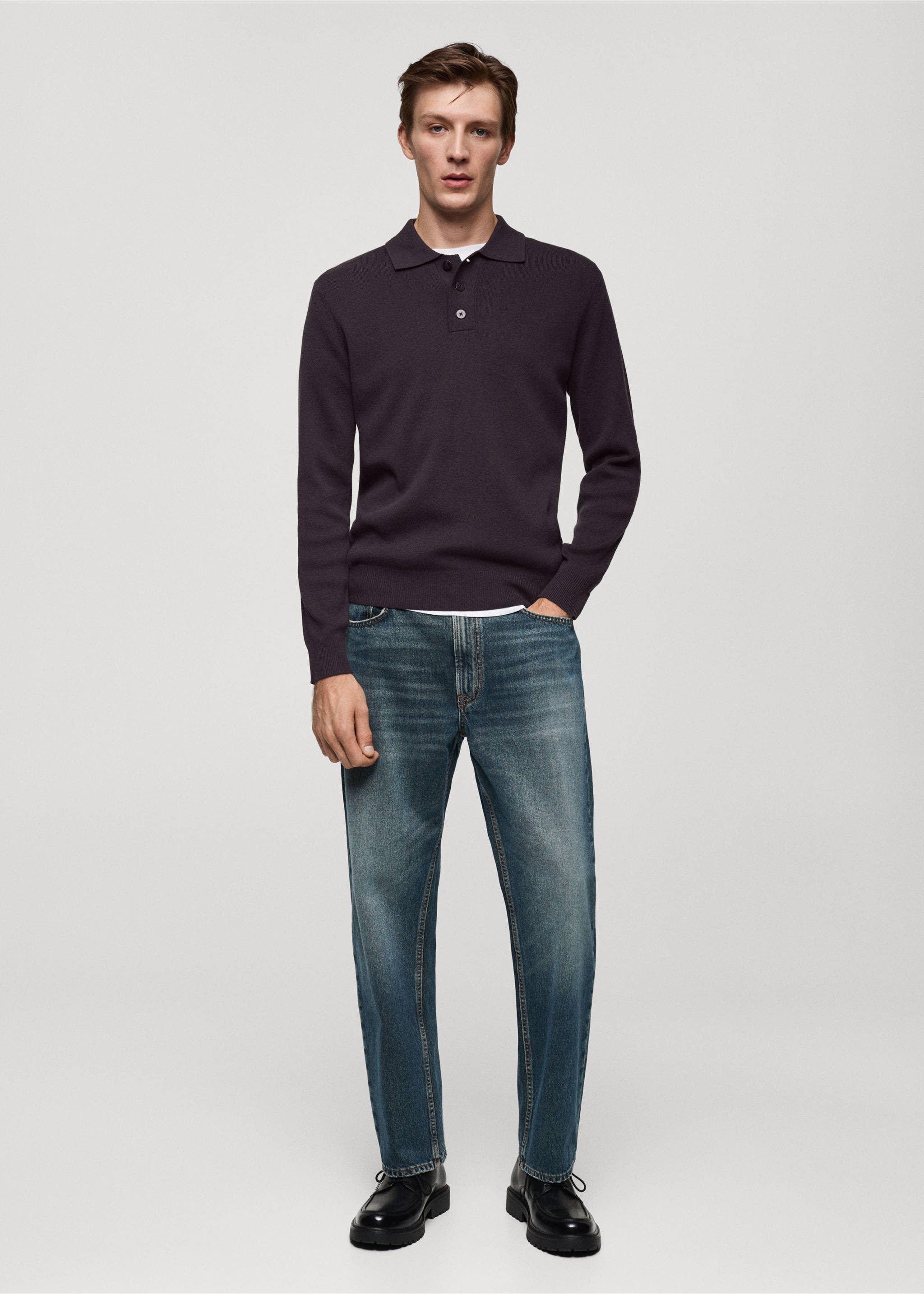 Feinstrick-Pullover aus Baumwolle mit Polo-Kragen - Allgemeine Ansicht, Lila. Ref: 77055973-00.