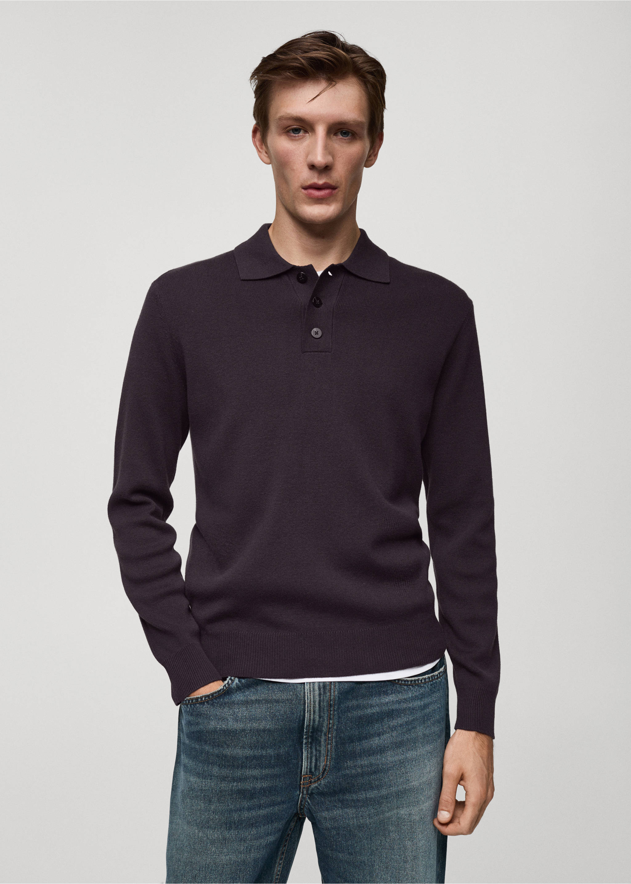 Feinstrick-Pullover aus Baumwolle mit Polo-Kragen - Mittlere Ansicht, Lila. Ref: 77055973-00.